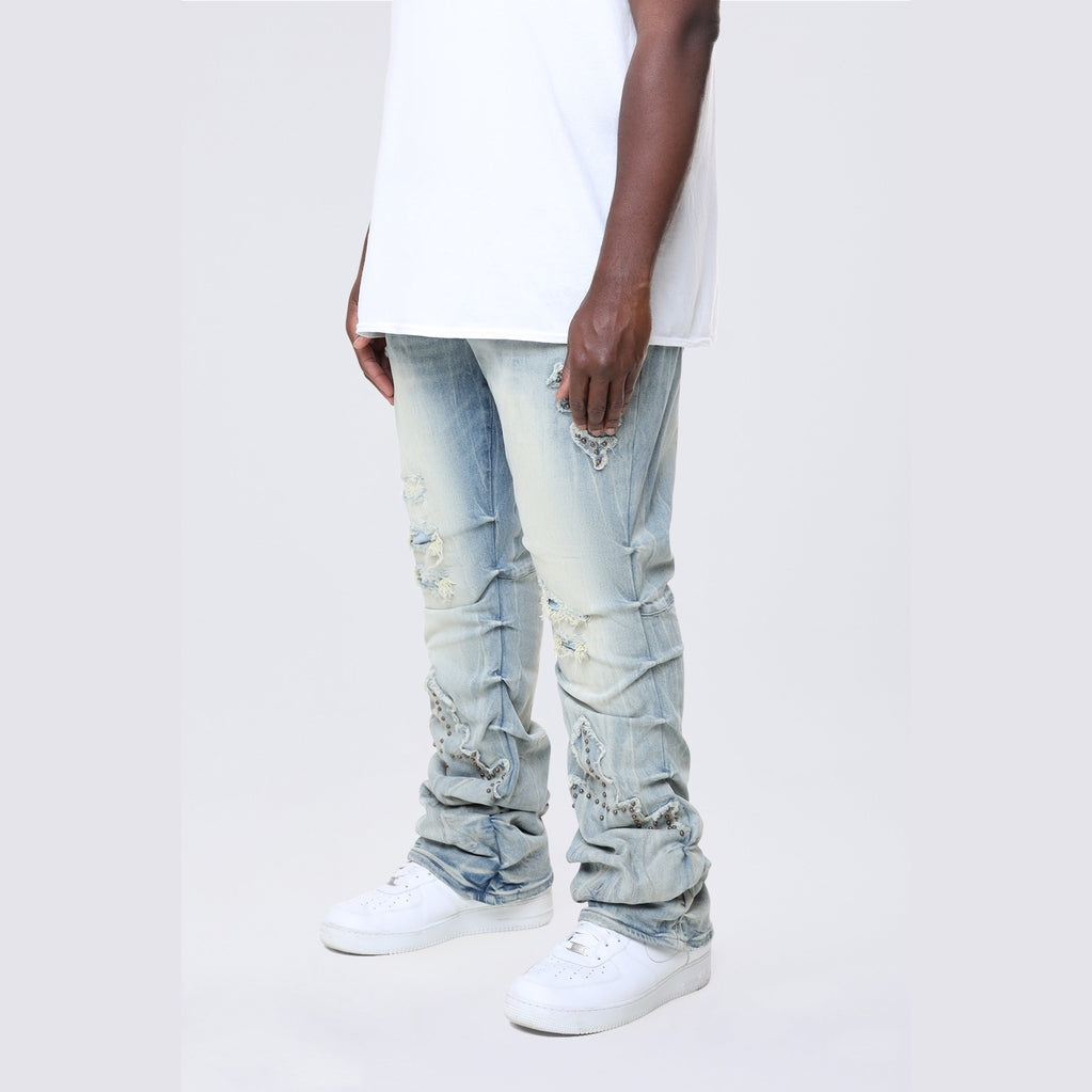 Smoke Rise Big and Tall Big and Tall - Lazy Stacked Western Studded Denim Jeans - Milky Blue