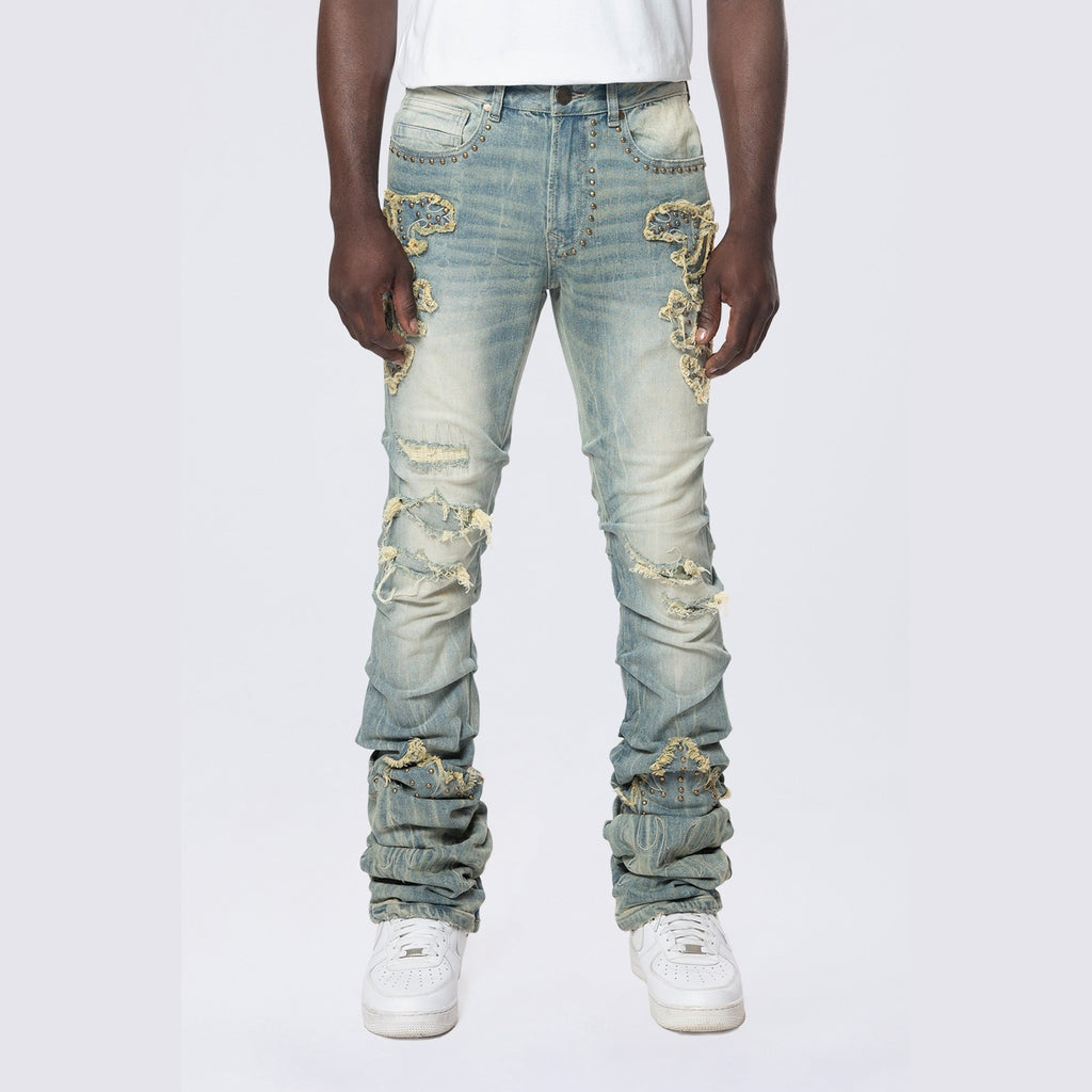 Smoke Rise Lazy Stacked Western Studded Denim Jeans - Milky Blue