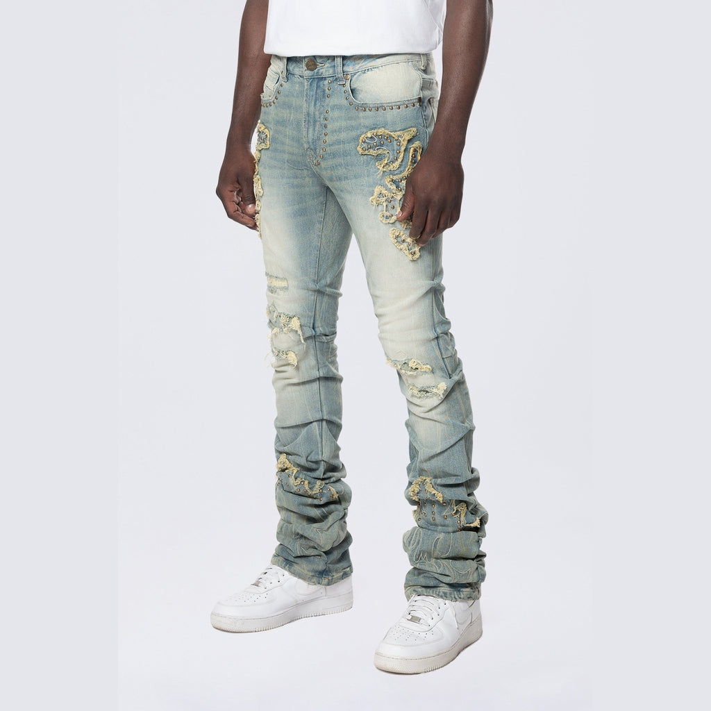 Smoke Rise Lazy Stacked Western Studded Denim Jeans - Milky Blue