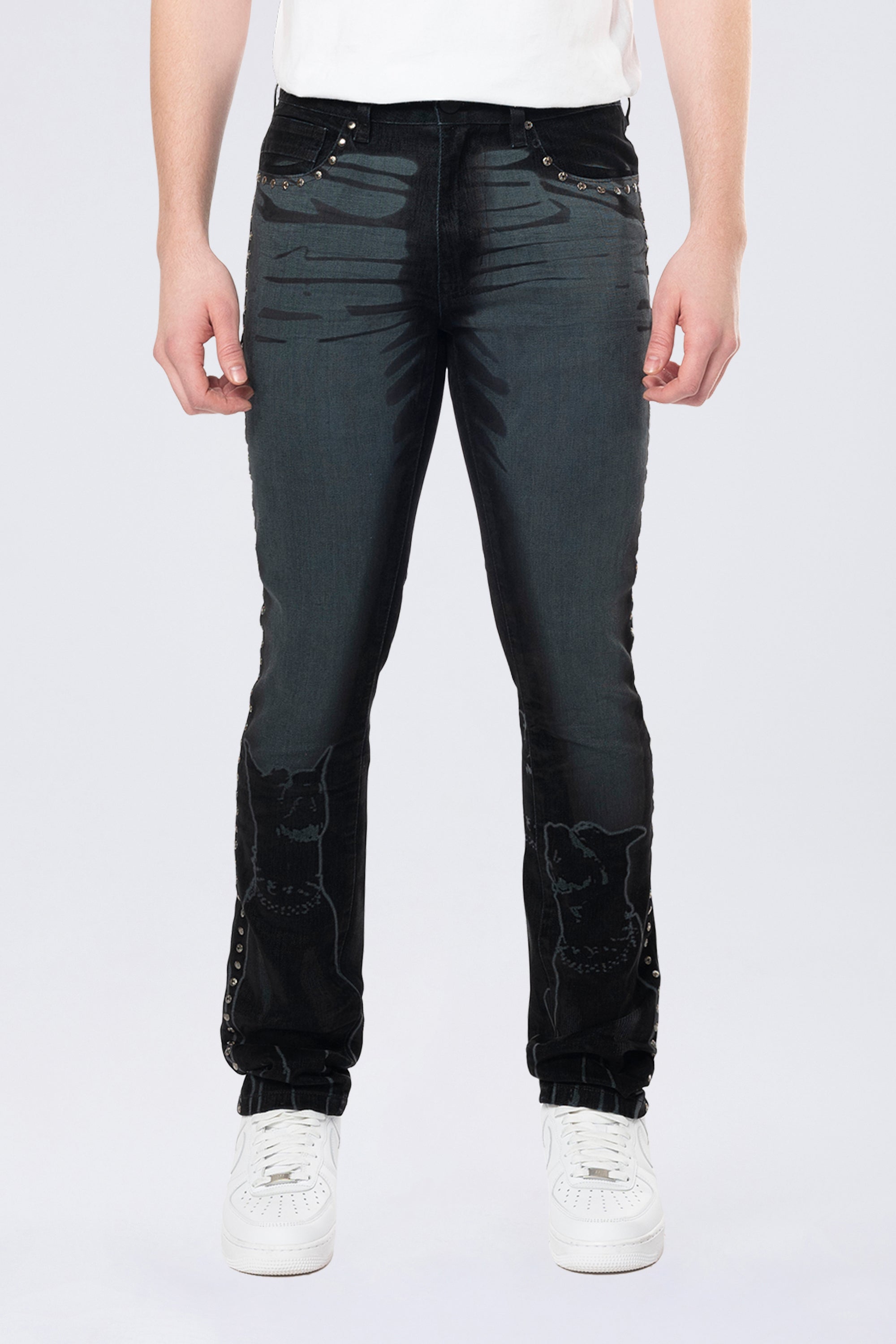 Long Slim Color Flocked Jeans - Dorset Black