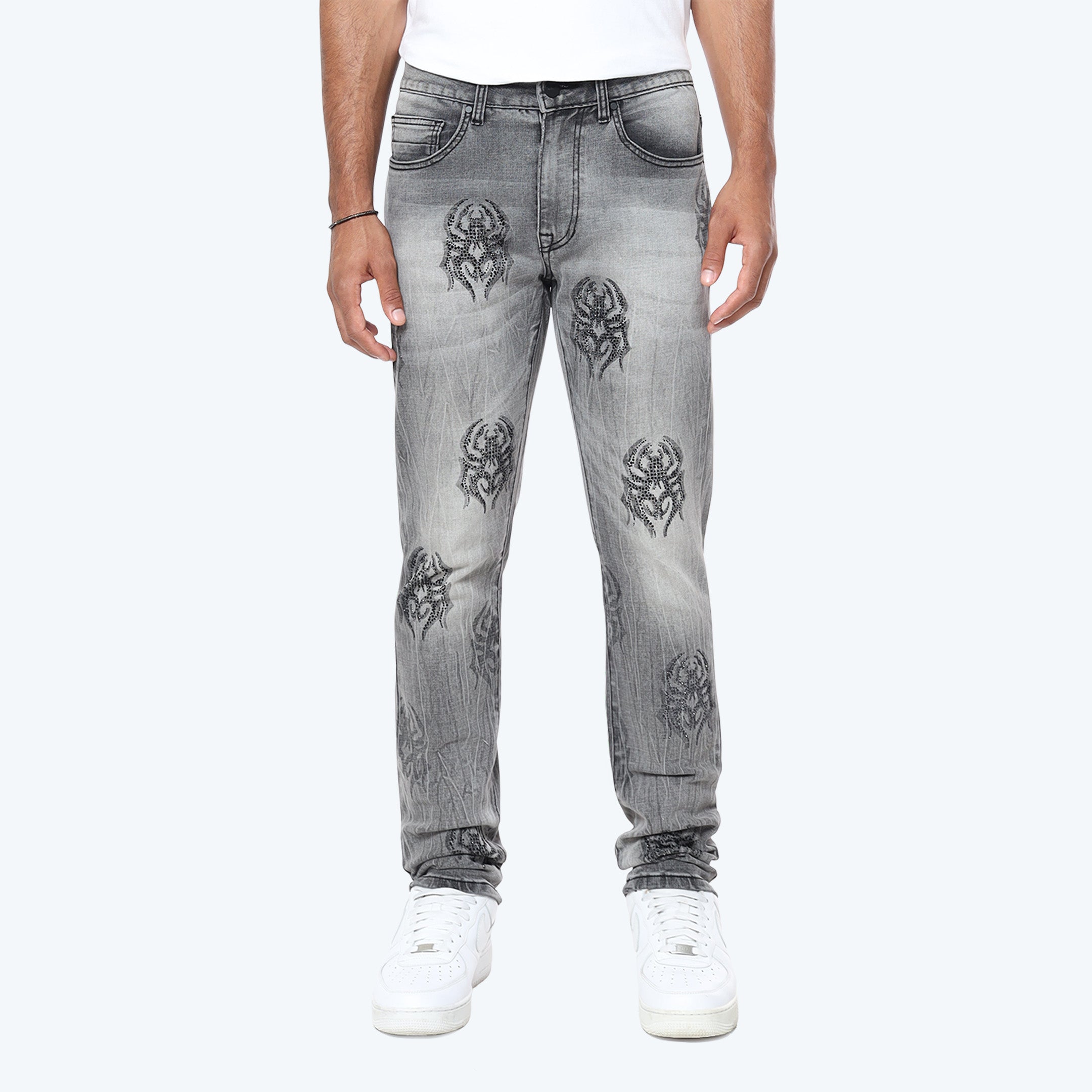 Slim Spider Rhinestone Jeans - Pluto Grey