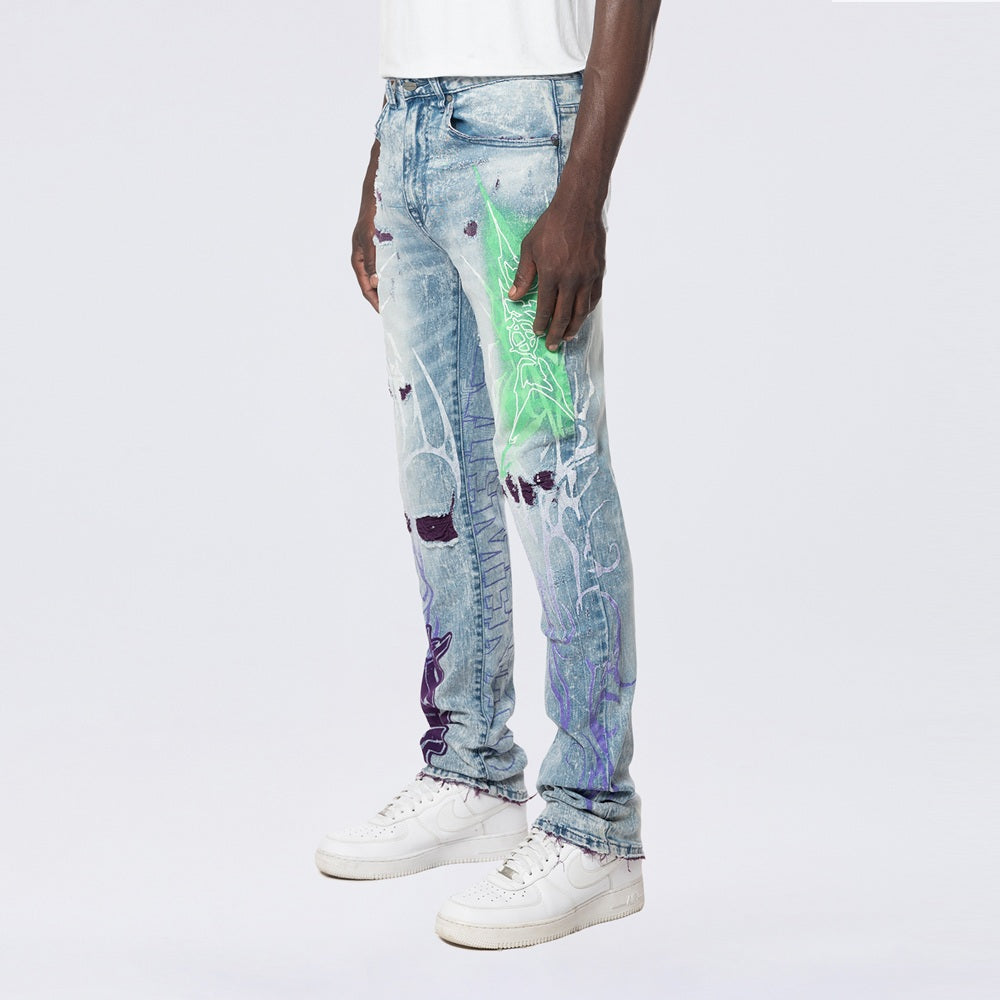Long Slim Tribal Print Rip And Repair Jeans - Lowell Blue