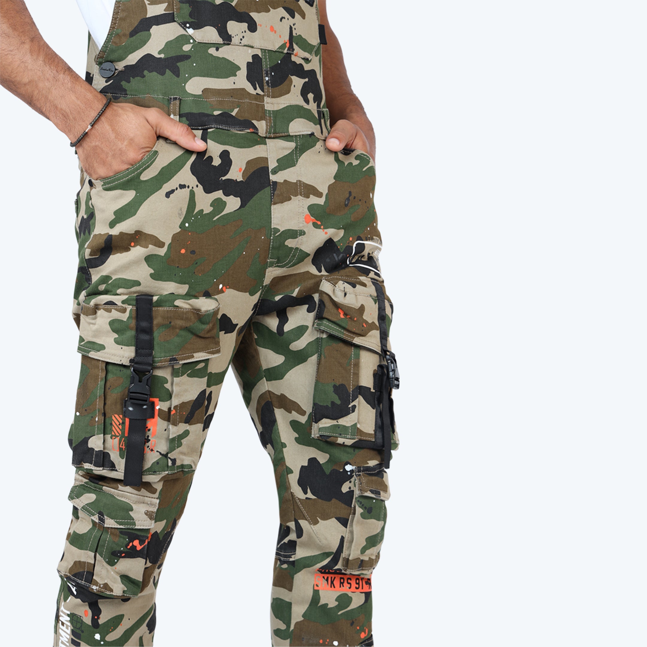 Slim Tapered Utility Twill Overalls - Wood Camo