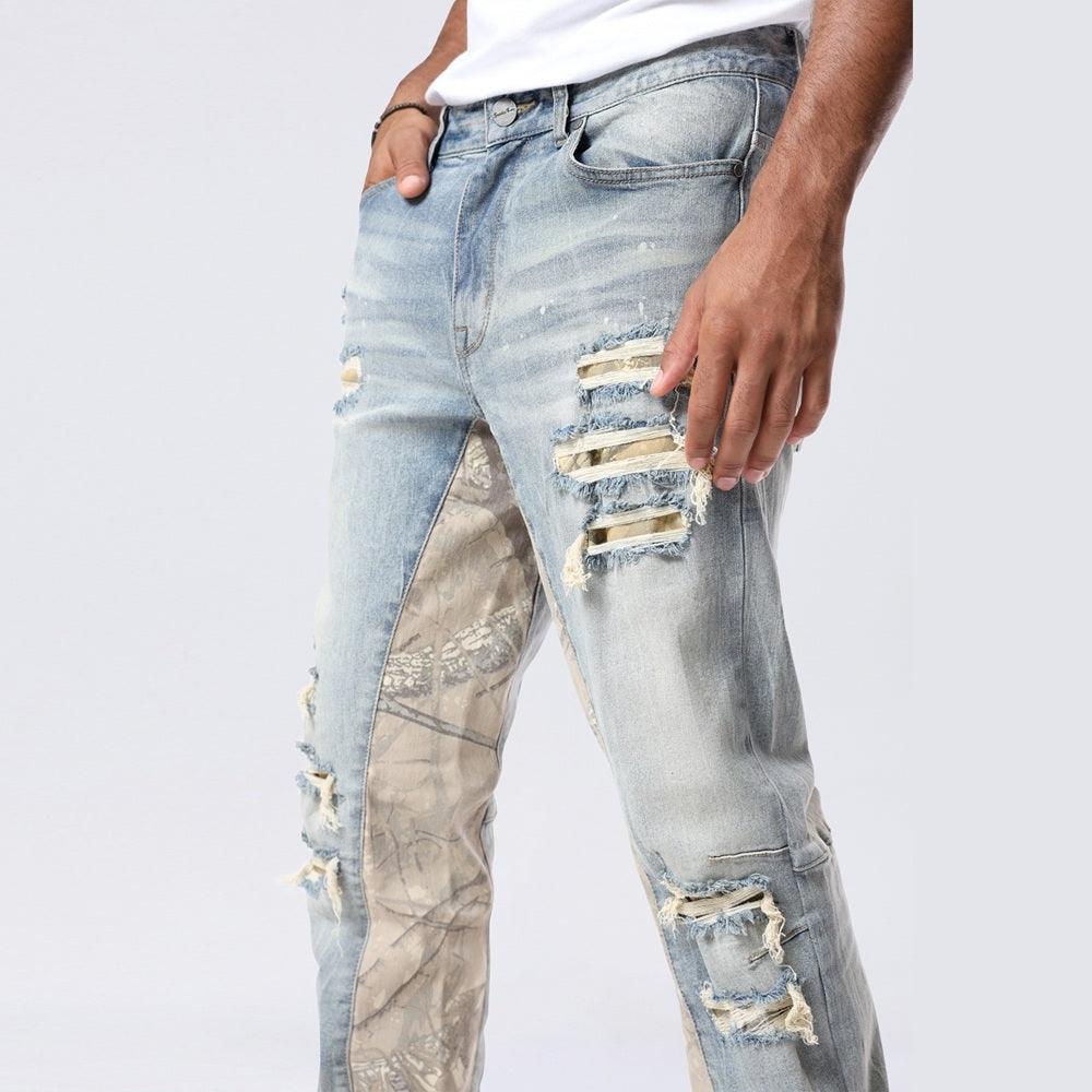Long Khaki Hunting Camo Insert Jeans - Vanilla Blue