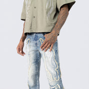 Long Straight Dystopia Fray Patched Jeans - Rhodes Blue