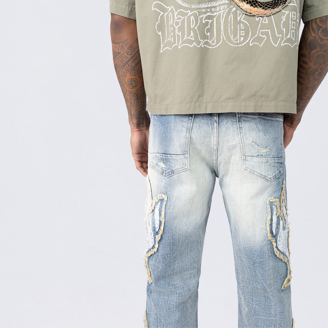 Long Straight Dystopia Fray Patched Jeans - Rhodes Blue