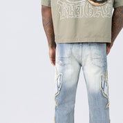 Long Straight Dystopia Fray Patched Jeans - Rhodes Blue