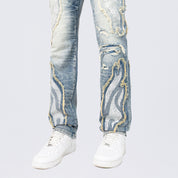 Long Straight Dystopia Fray Patched Jeans - Rhodes Blue