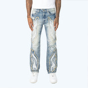 Long Straight Dystopia Fray Patched Jeans - Rhodes Blue