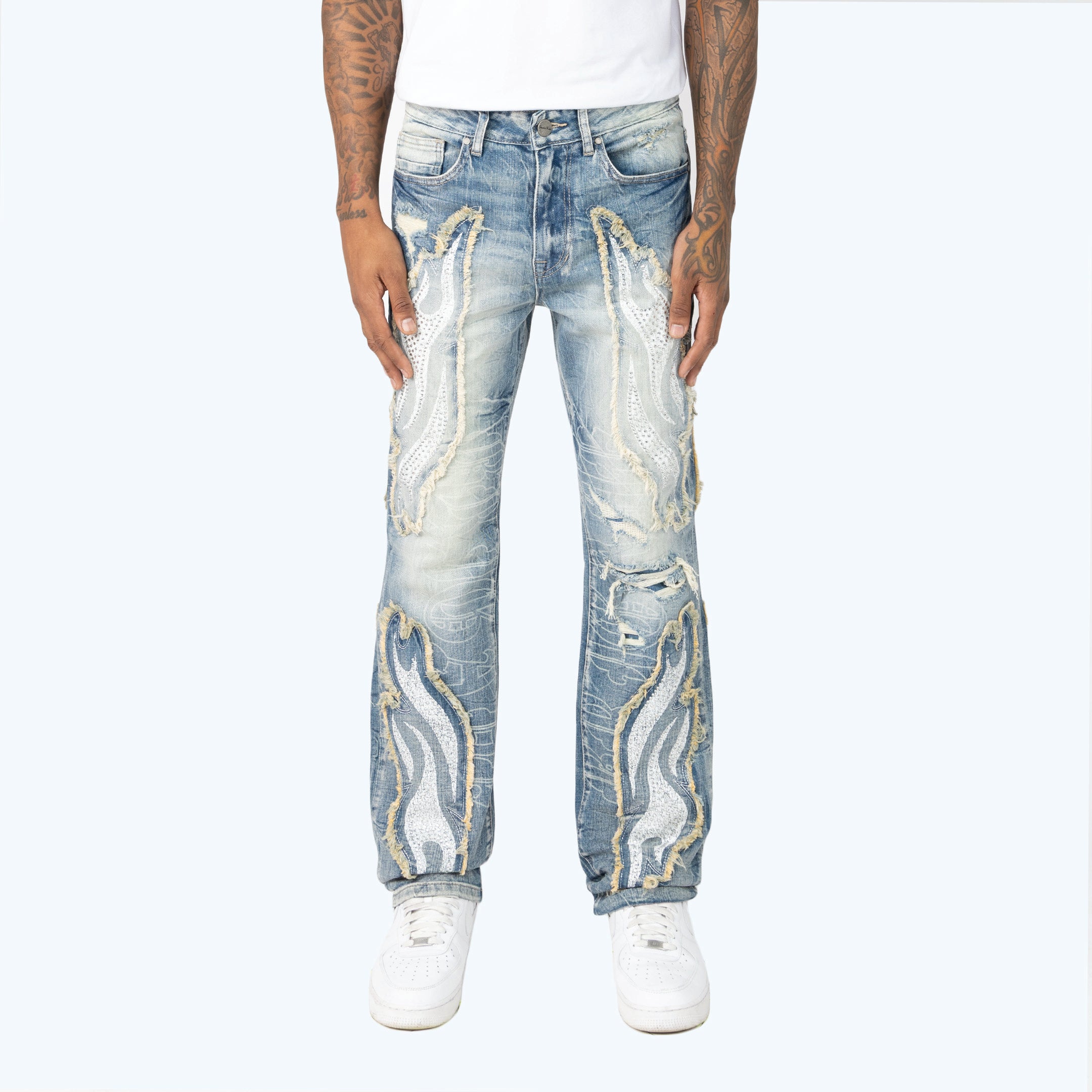 Long Straight Dystopia Fray Patched Jeans - Rhodes Blue