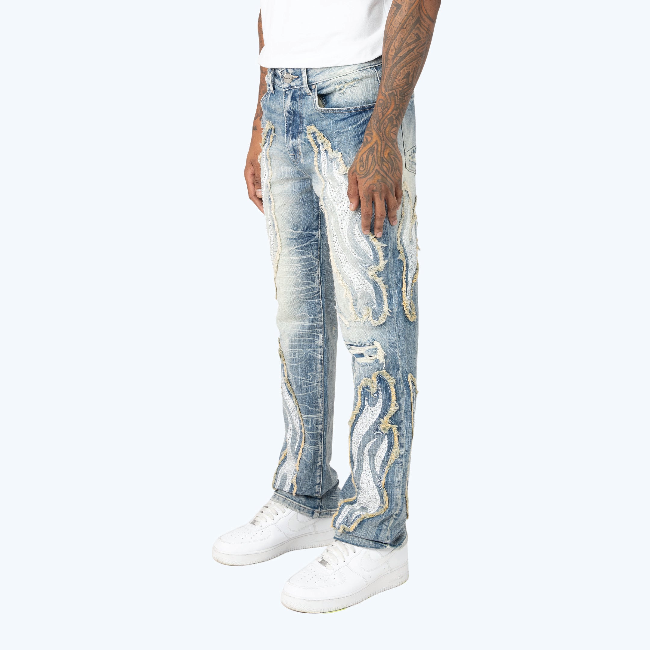 Long Straight Dystopia Fray Patched Jeans - Rhodes Blue