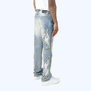 Long Straight Dystopia Fray Patched Jeans - Rhodes Blue