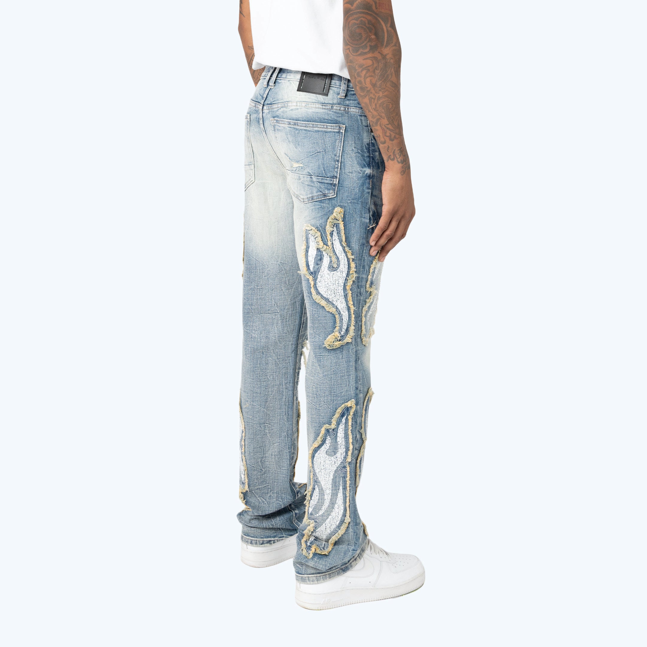 Long Straight Dystopia Fray Patched Jeans - Rhodes Blue