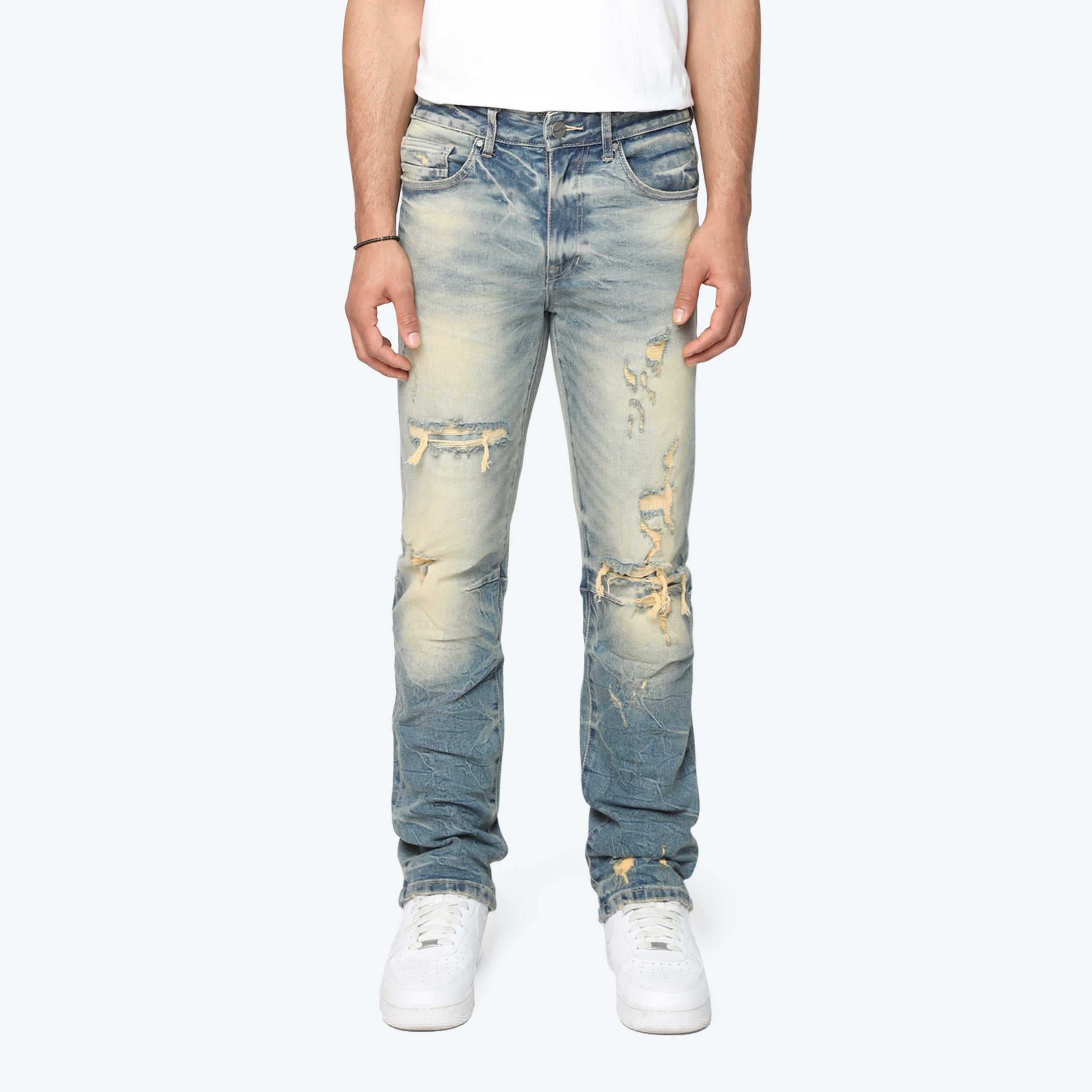 Straight Heavy Whisker Effect Jeans - Owens Blue