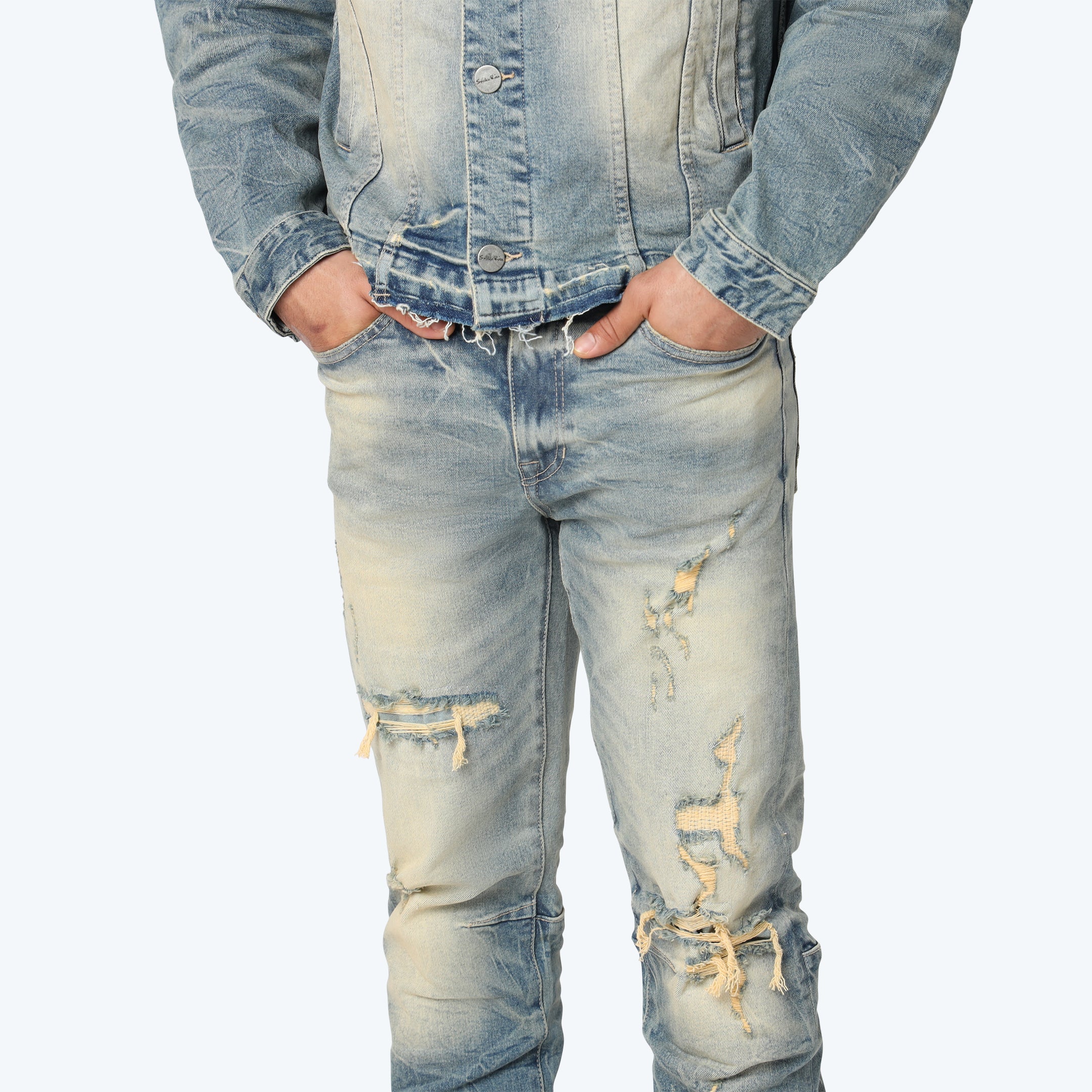 Straight Heavy Whisker Effect Jeans - Owens Blue