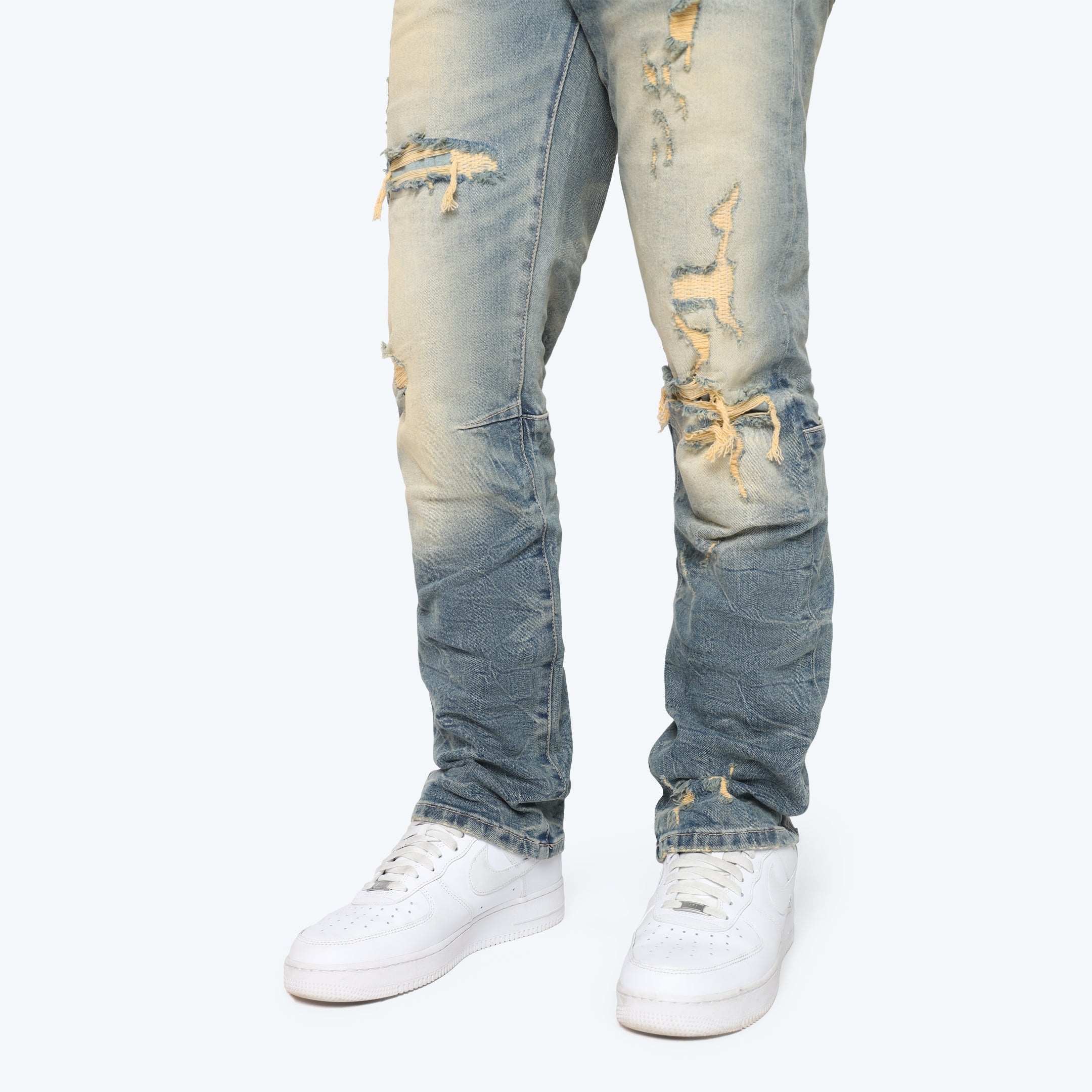 Straight Heavy Whisker Effect Jeans - Owens Blue