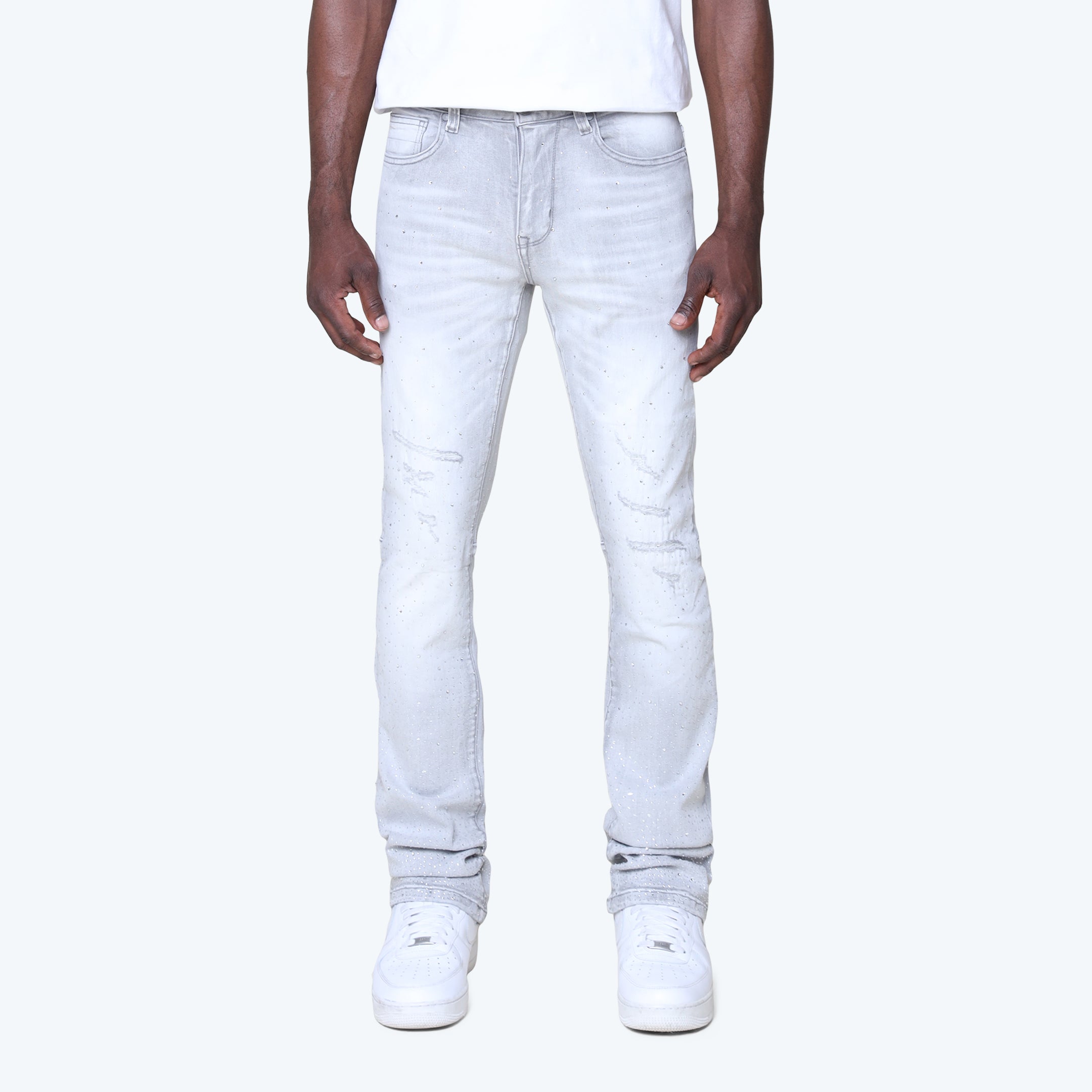 Stacked Rhinestone Jeans - Bullet Grey