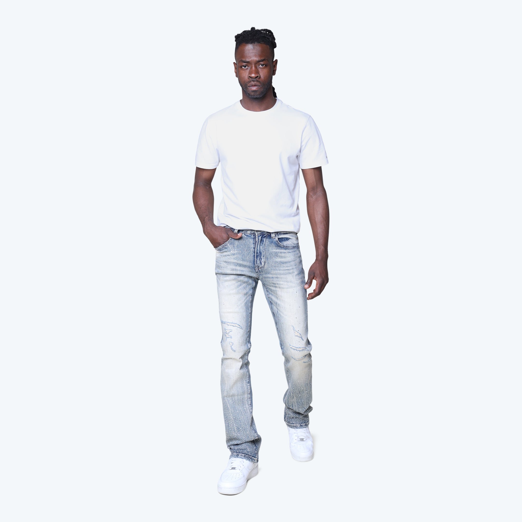 Stacked Rhinestone Jeans - Mojave Blue