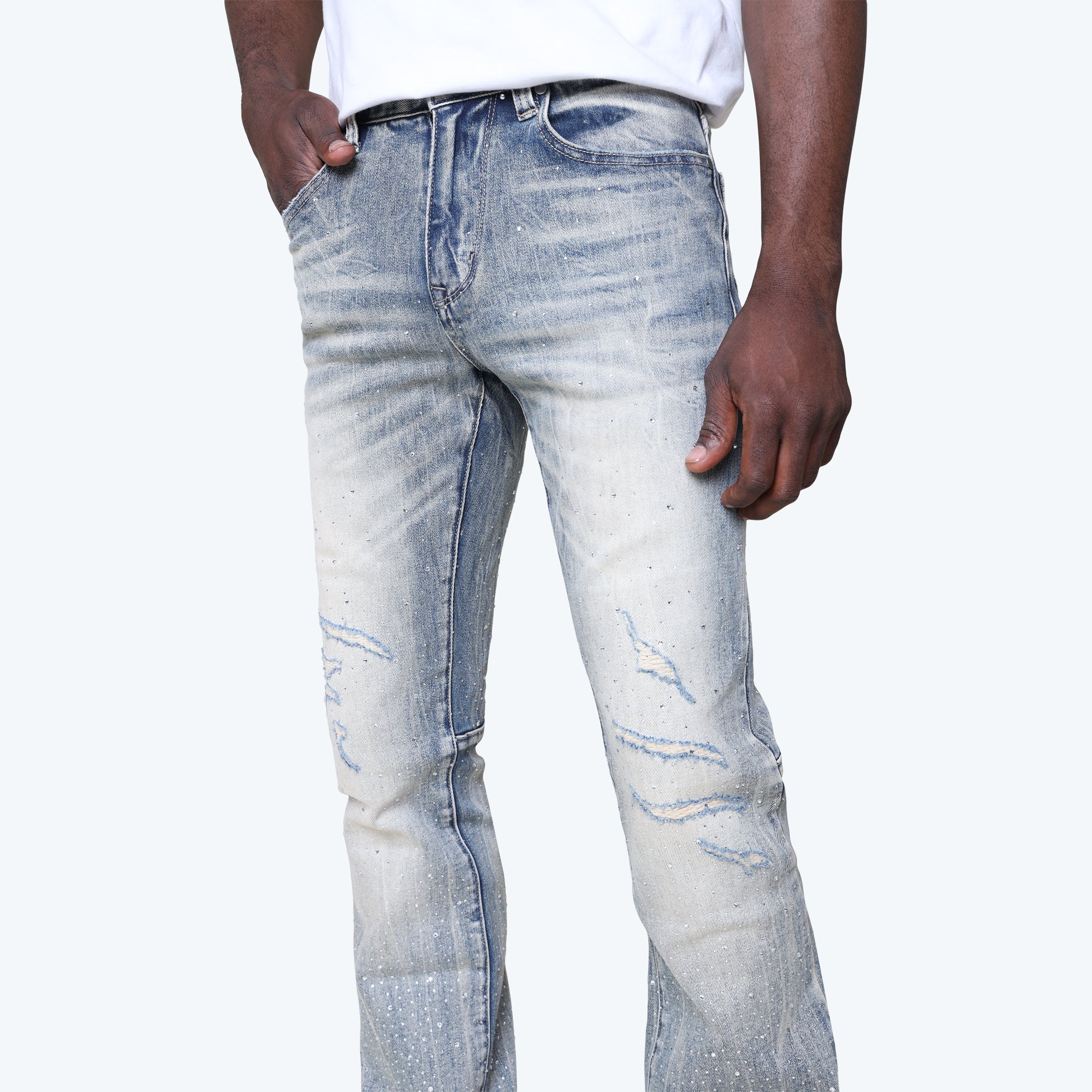 Stacked Rhinestone Jeans - Mojave Blue