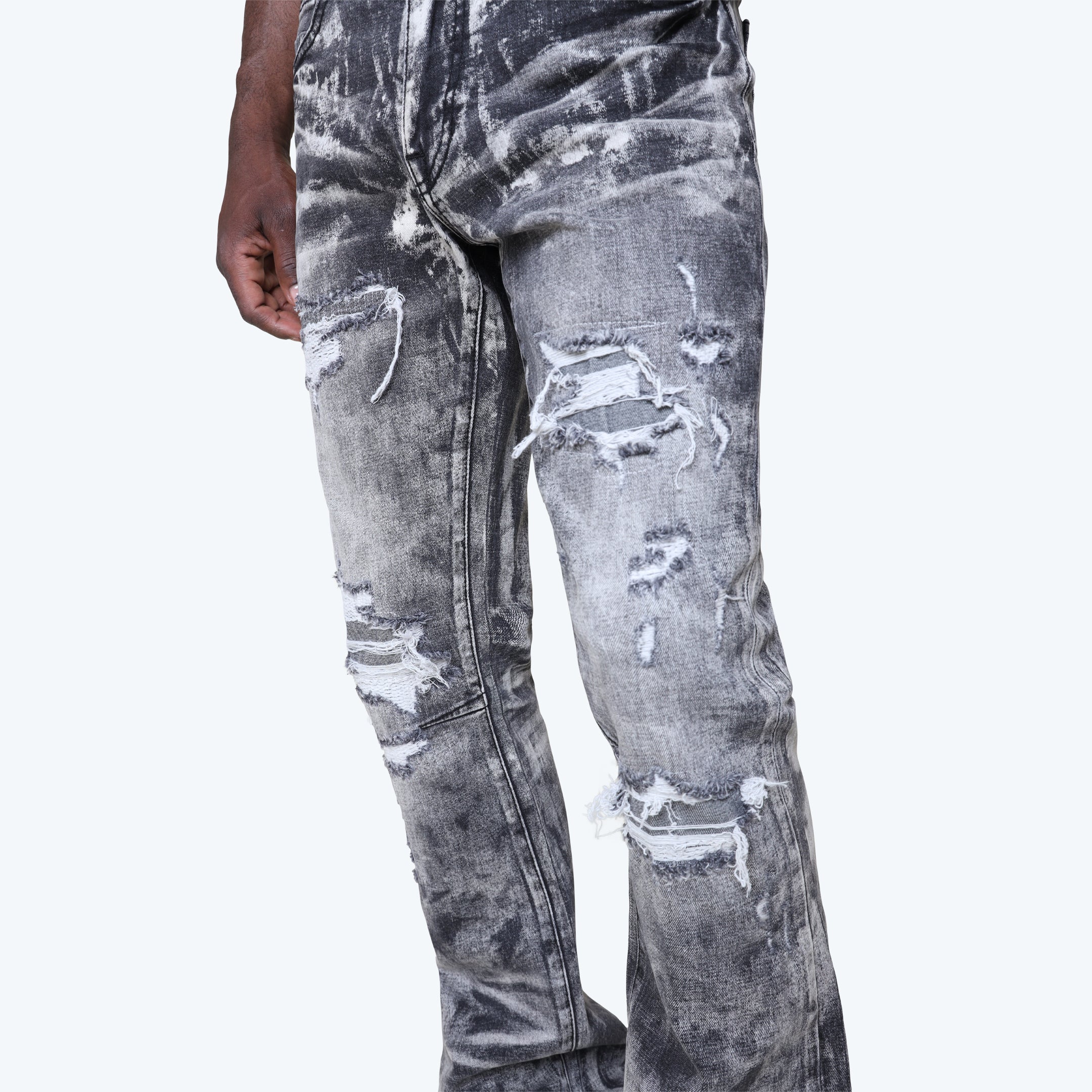 Lazy Stacked Heavy Laser Effect Jeans - Titan Grey