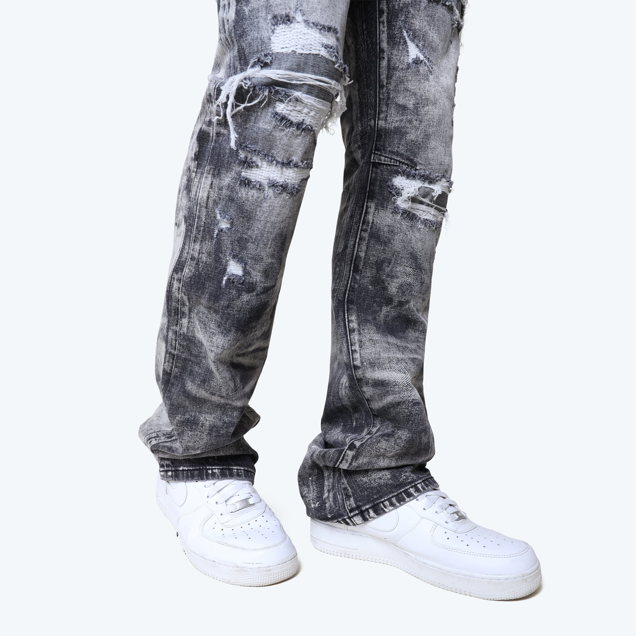 Lazy Stacked Heavy Laser Effect Jeans - Titan Grey