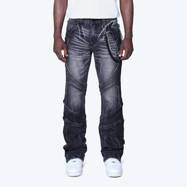 Lazy Stacked Colorblock And Piping Jeans - Willow Black
