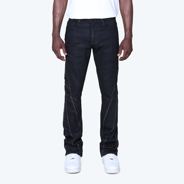 Lazy Stacked Barbwire Rhinestone Jeans - Glow Black