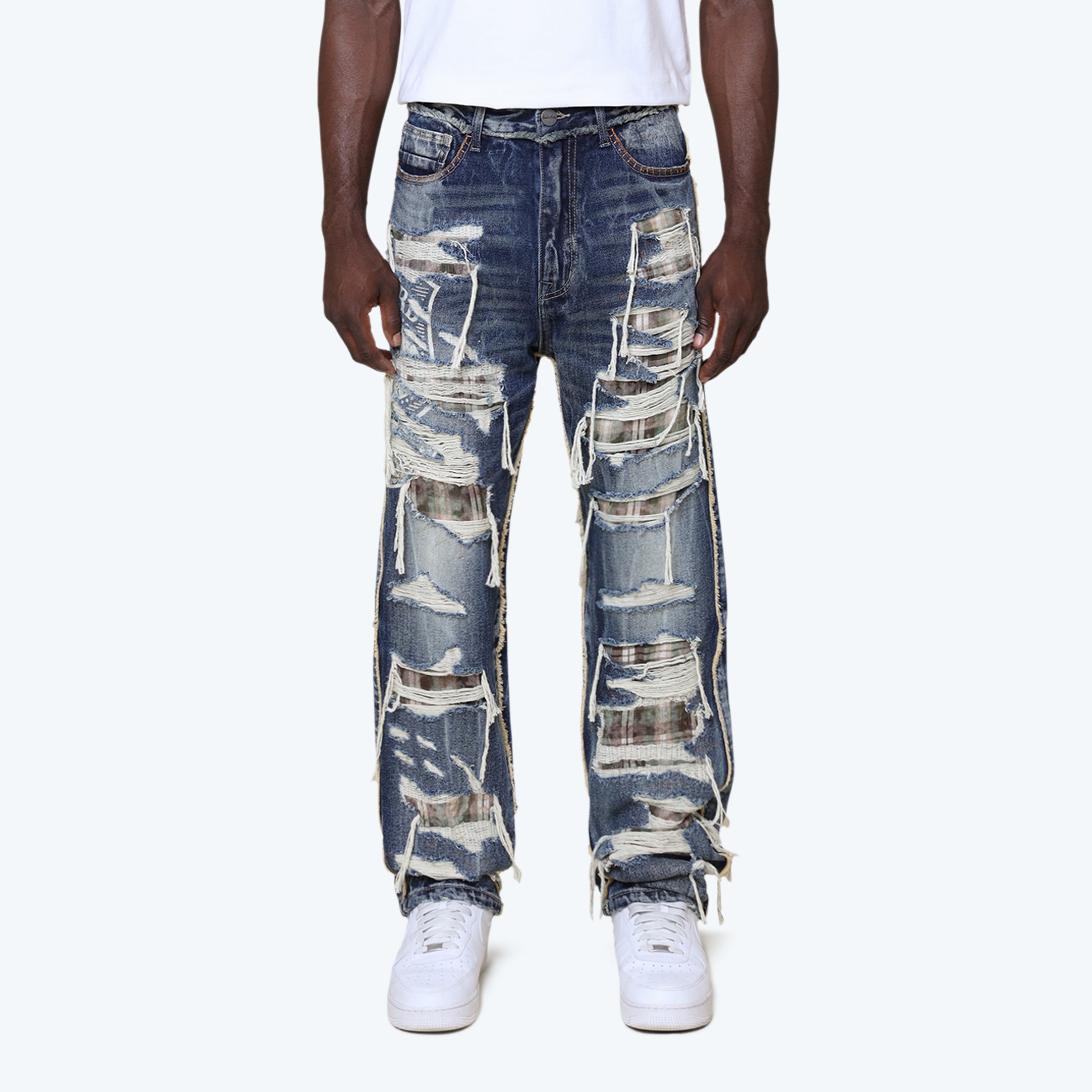 Lazy Stacked Grandeur Plaid Jeans - Fordham Blue