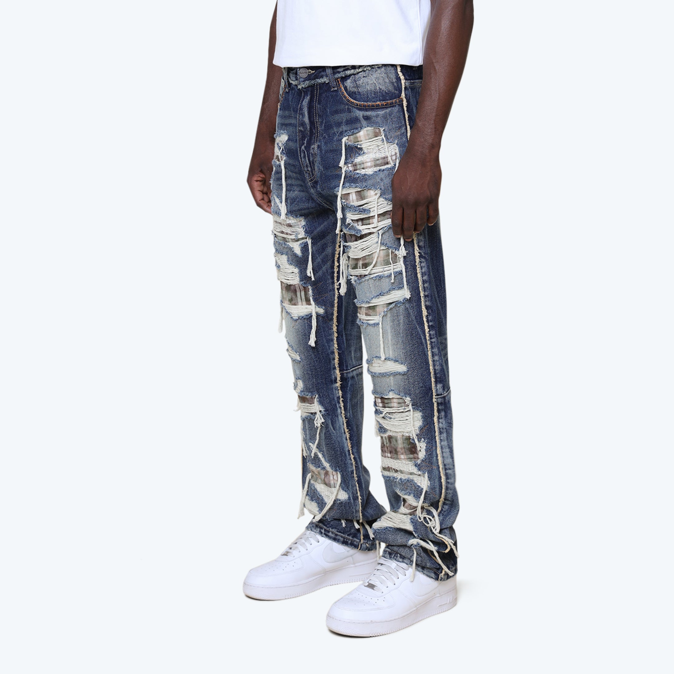 Lazy Stacked Grandeur Plaid Jeans - Fordham Blue