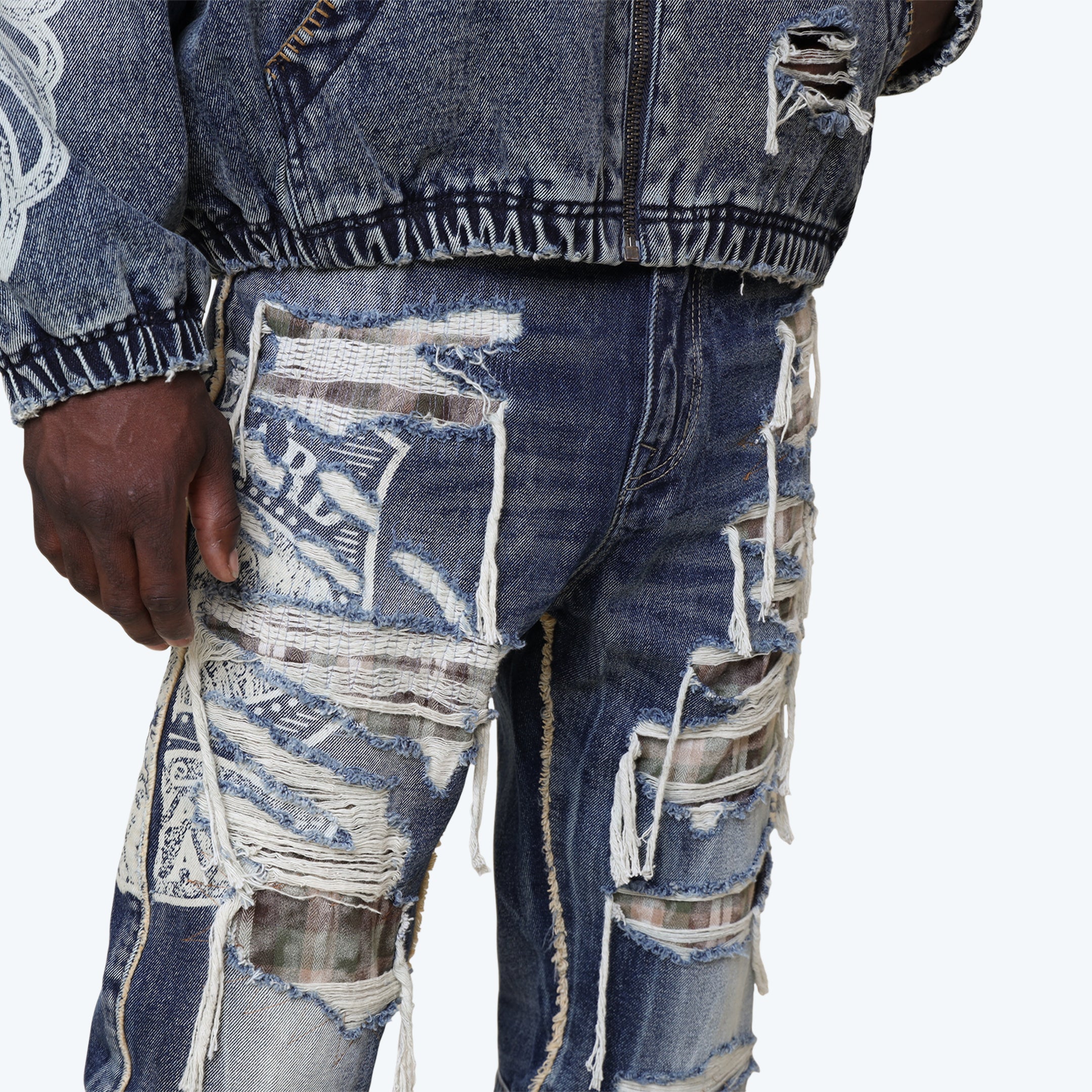 Lazy Stacked Grandeur Plaid Jeans - Fordham Blue