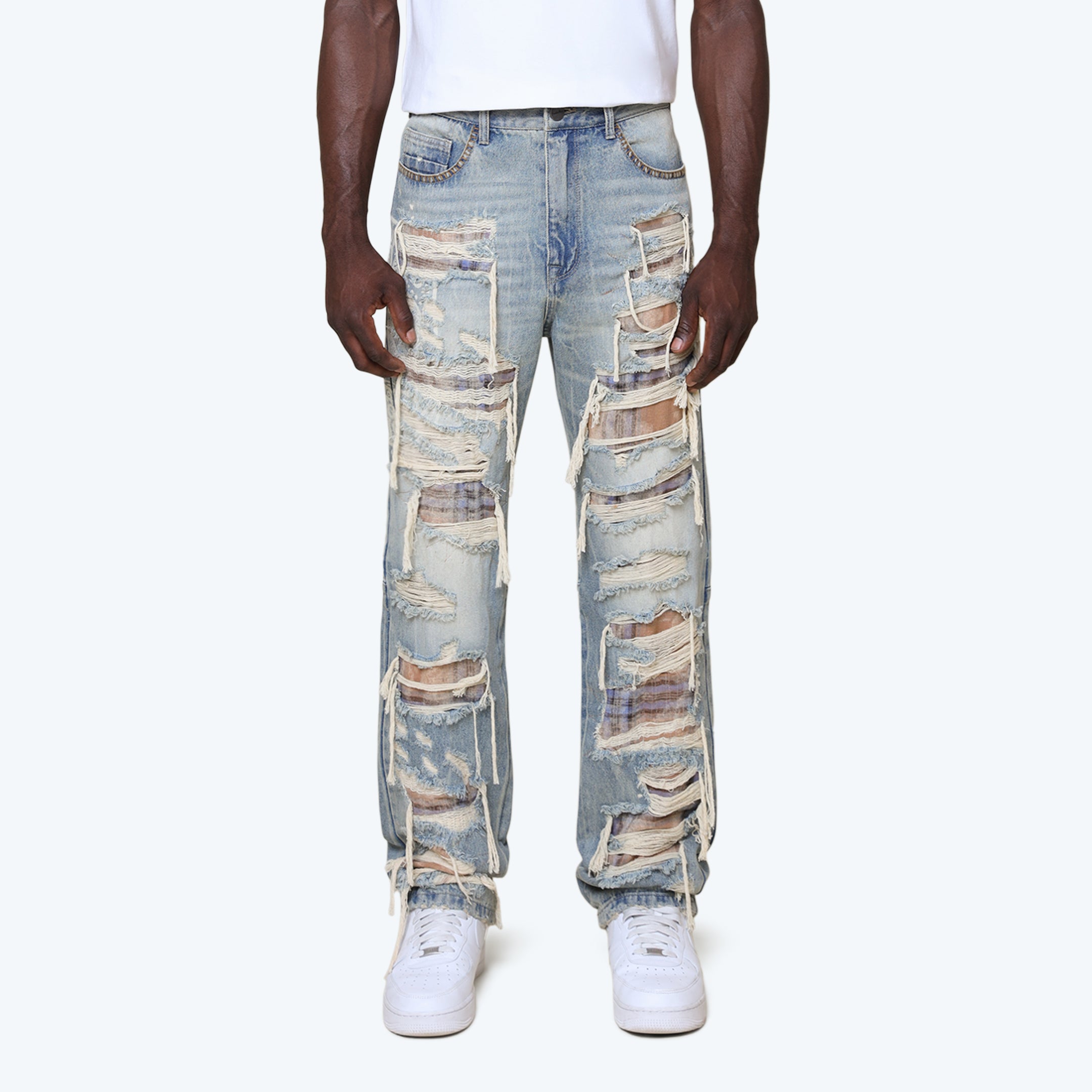 Lazy Stacked Grandeur Plaid Jeans - Munich Blue