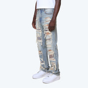 Lazy Stacked Grandeur Plaid Jeans - Munich Blue