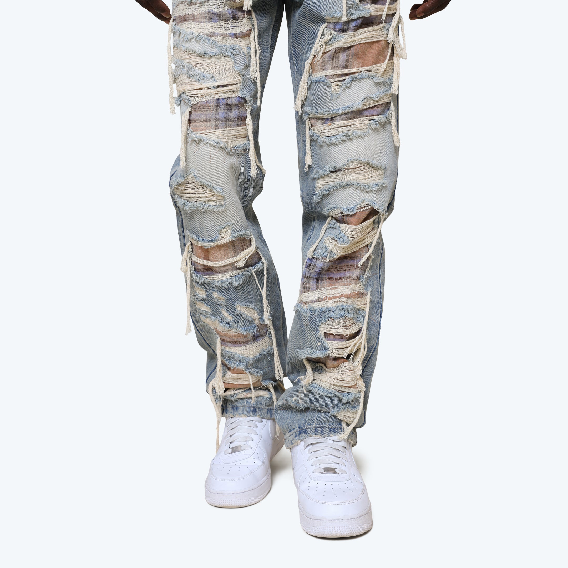 Lazy Stacked Grandeur Plaid Jeans - Munich Blue