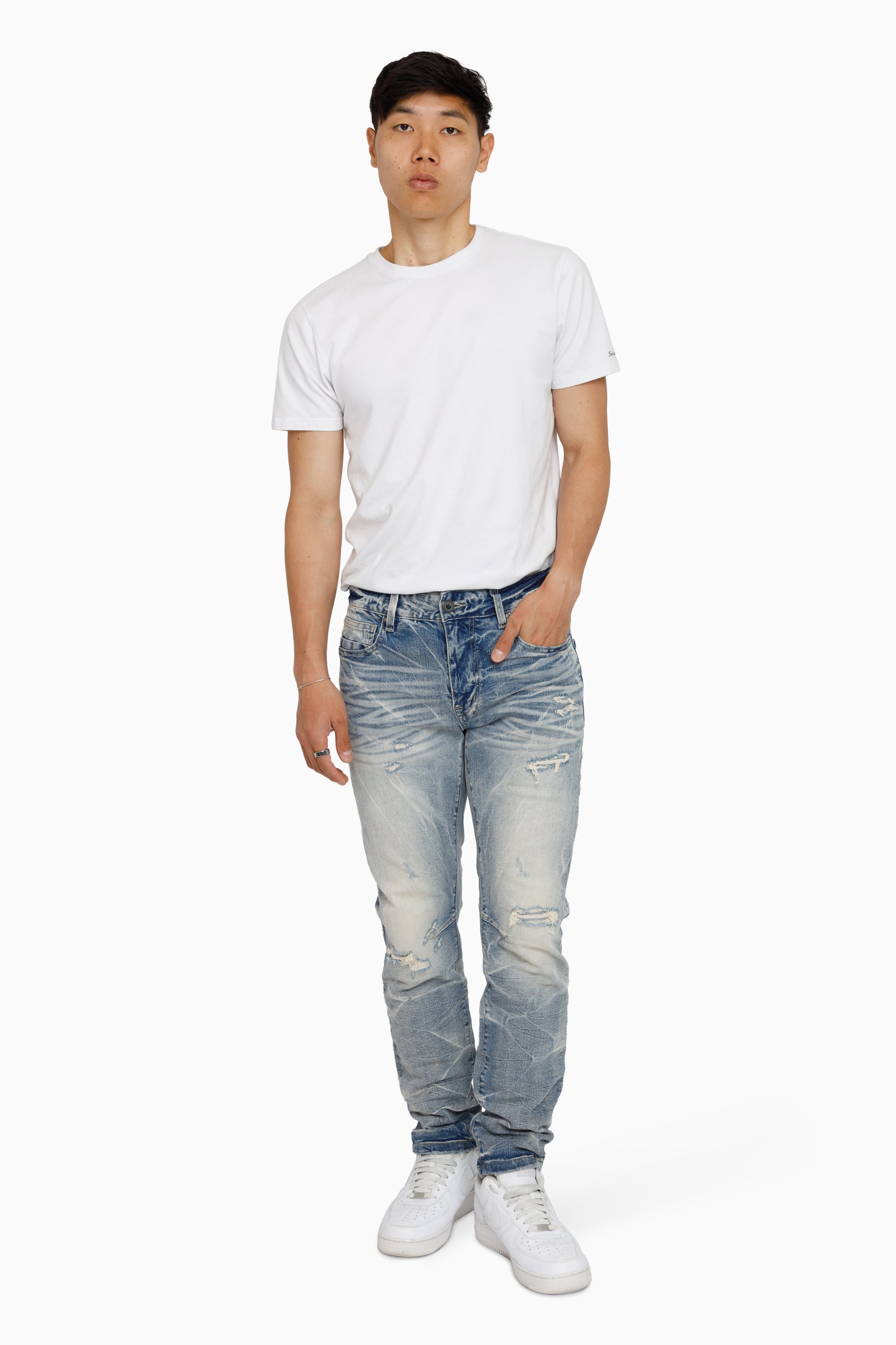 Honeycomb Effect Washed Jeans - Highland Blue