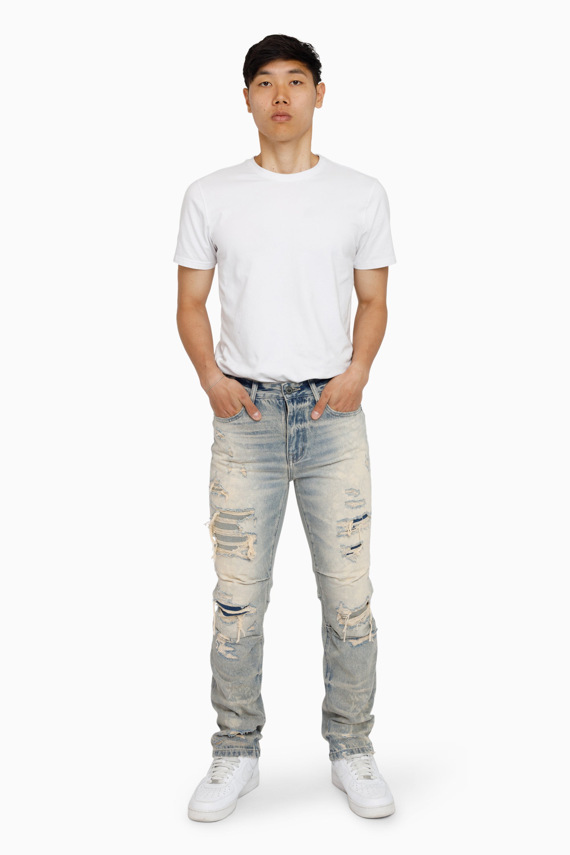 Heavy Rip & Repaired Jeans - Bergamo Blue