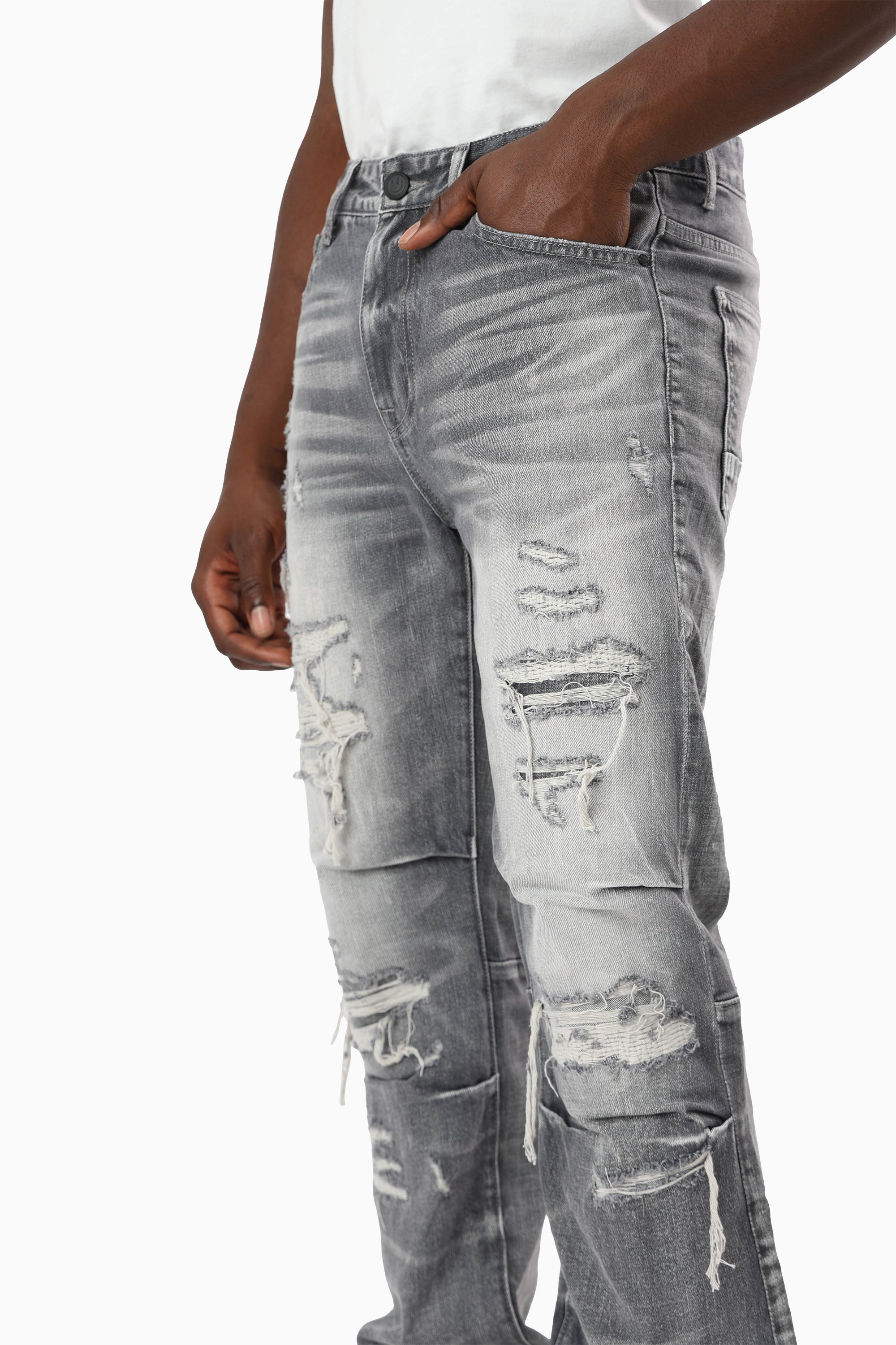 Heavy Rip & Repaired Jeans - Ceres Grey