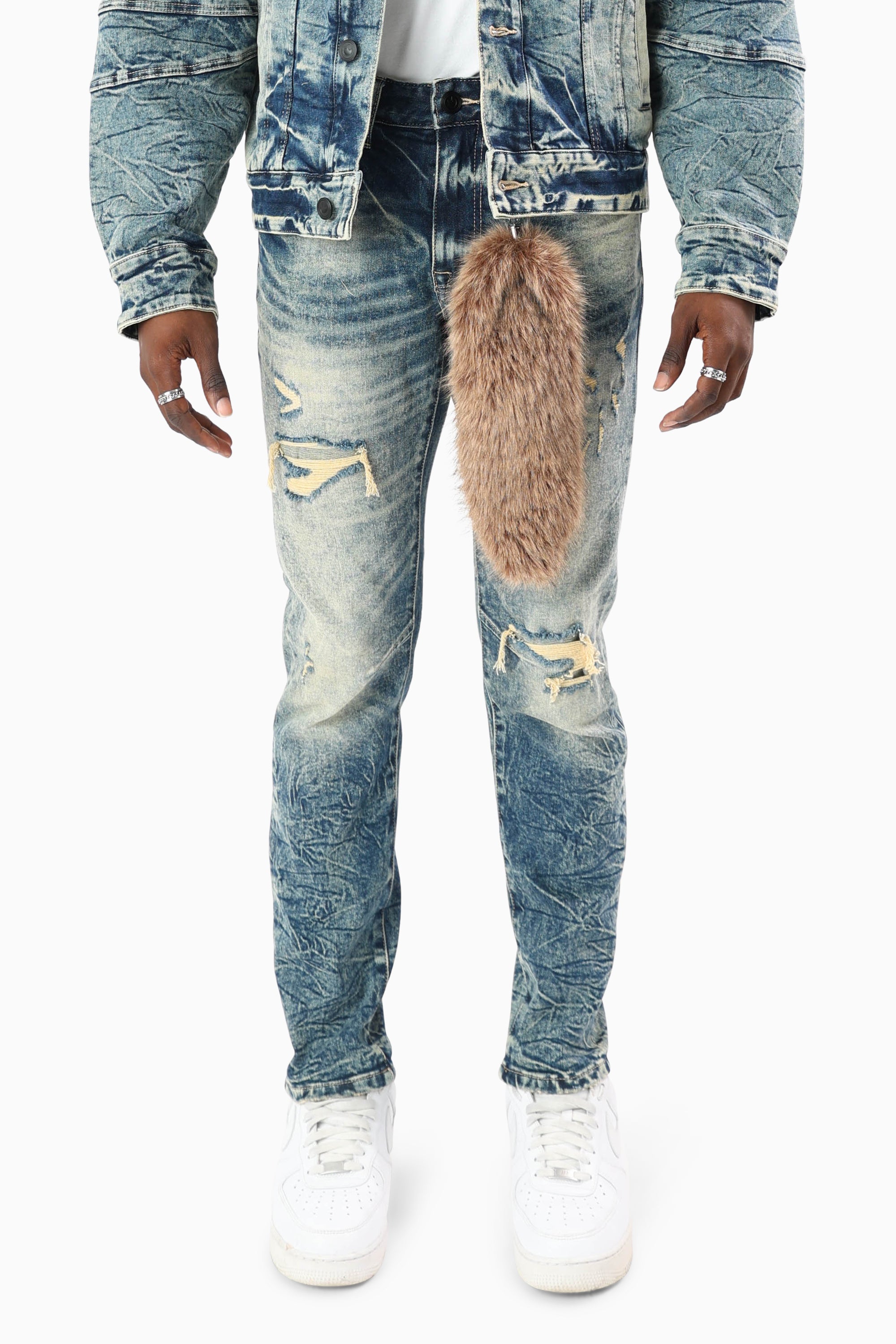 Vintage Washed Jeans With Chain Detail - Arbor Blue