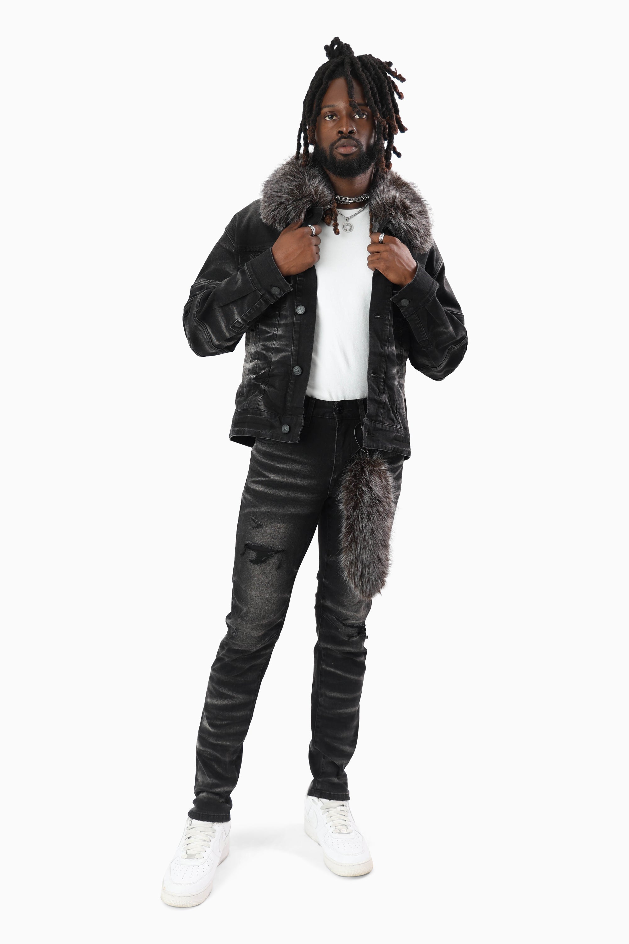 Vintage Washed Jeans With Chain Detail - Tetra Black