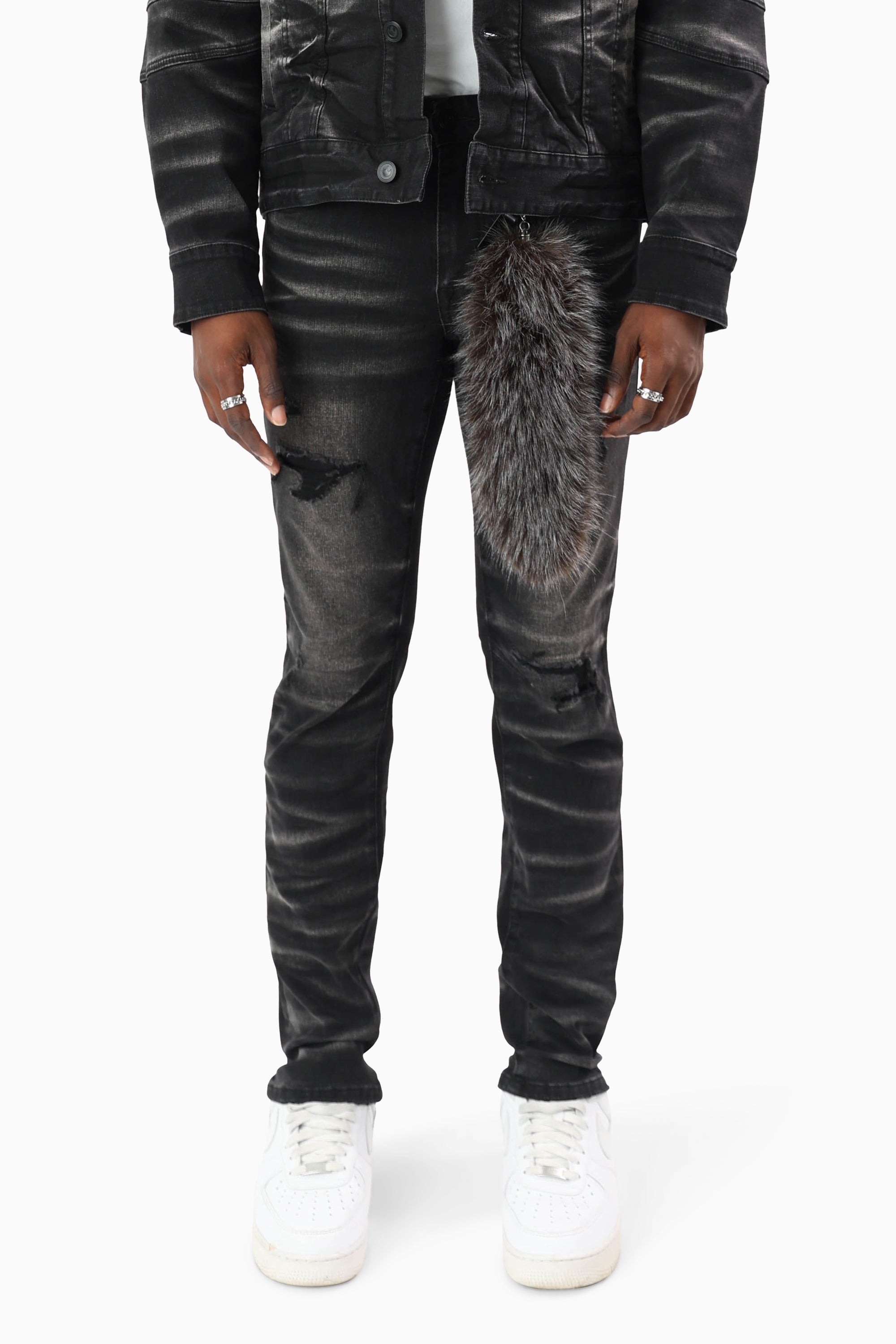 Vintage Washed Jeans With Chain Detail - Tetra Black