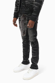 Vintage Washed Jeans With Chain Detail - Tetra Black