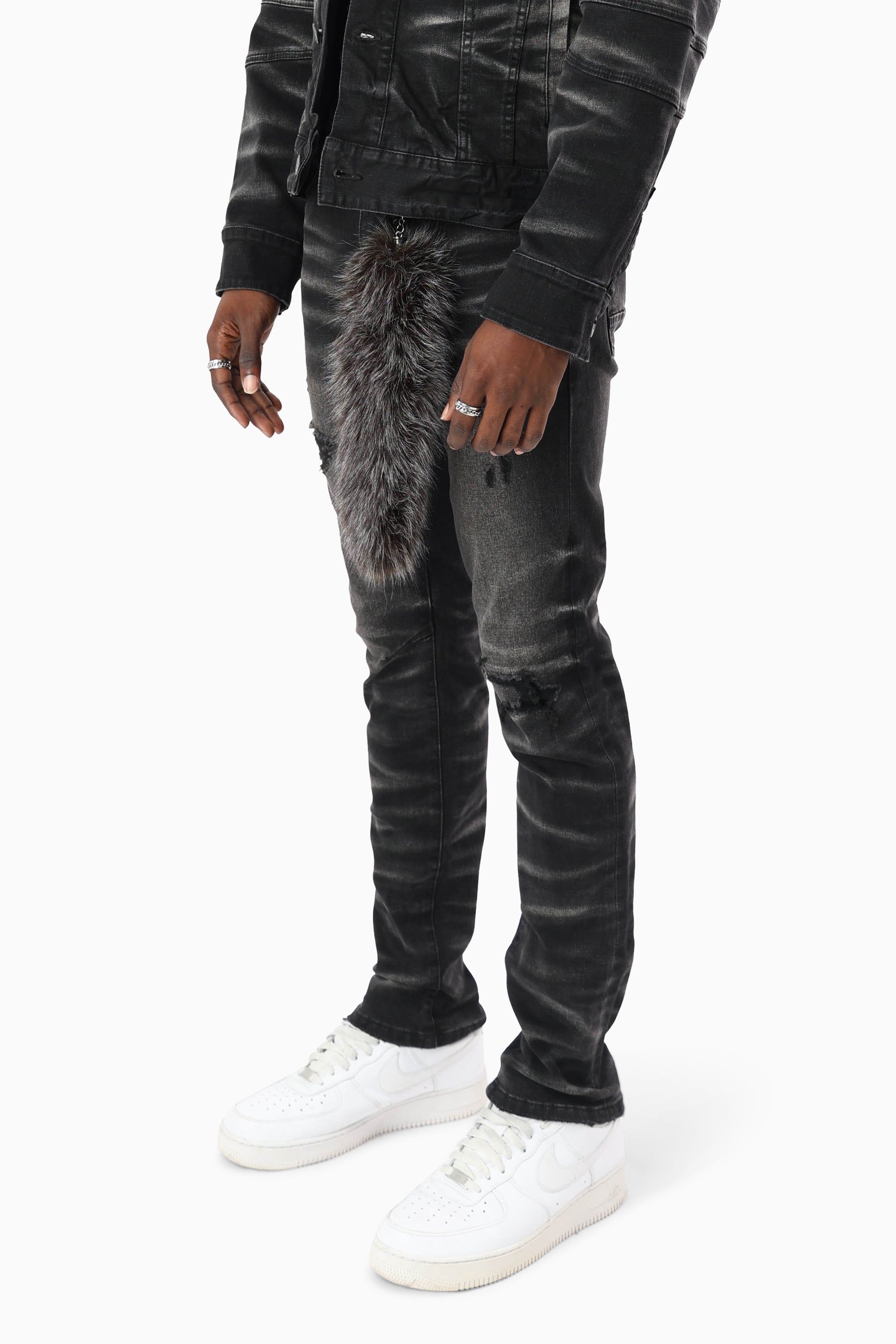 Vintage Washed Jeans With Chain Detail - Tetra Black