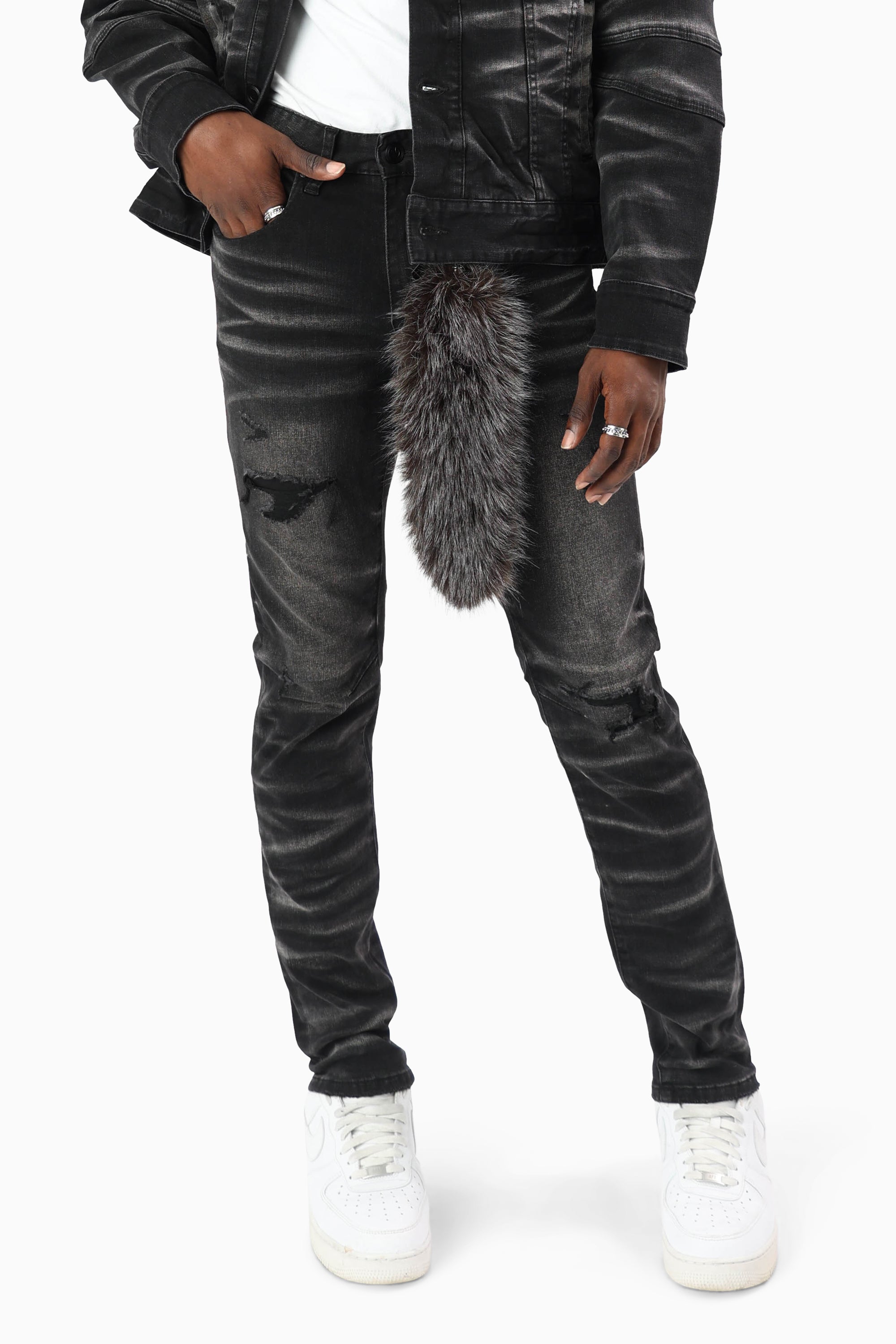 Vintage Washed Jeans With Chain Detail - Tetra Black