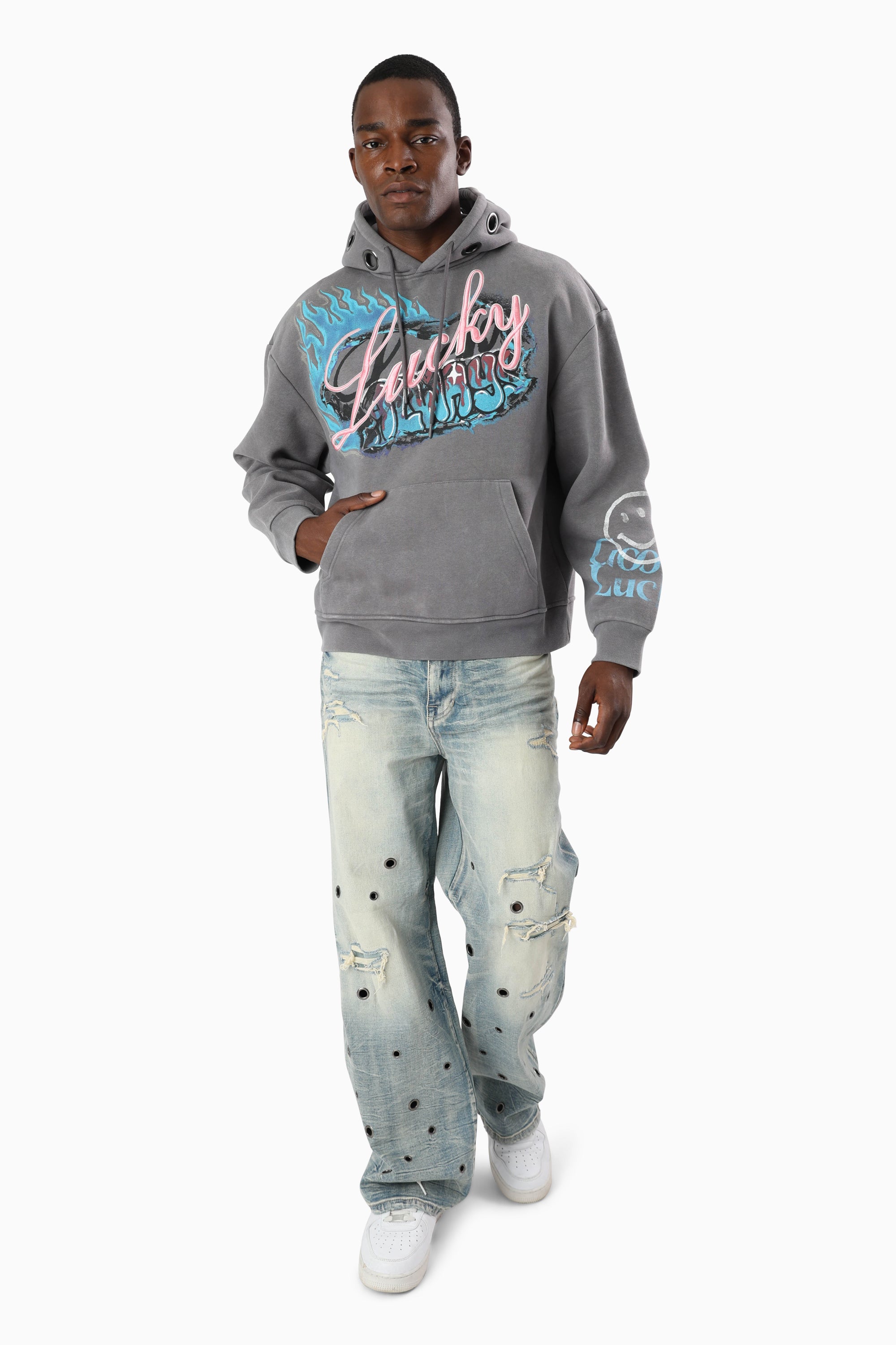 Metal Grommet Jeans - Livo Blue