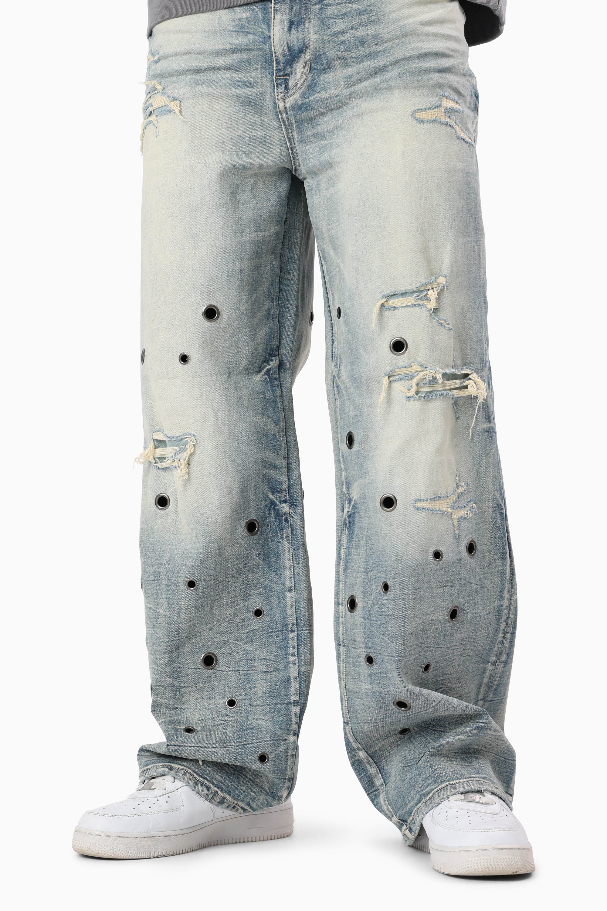 Metal Grommet Jeans - Livo Blue