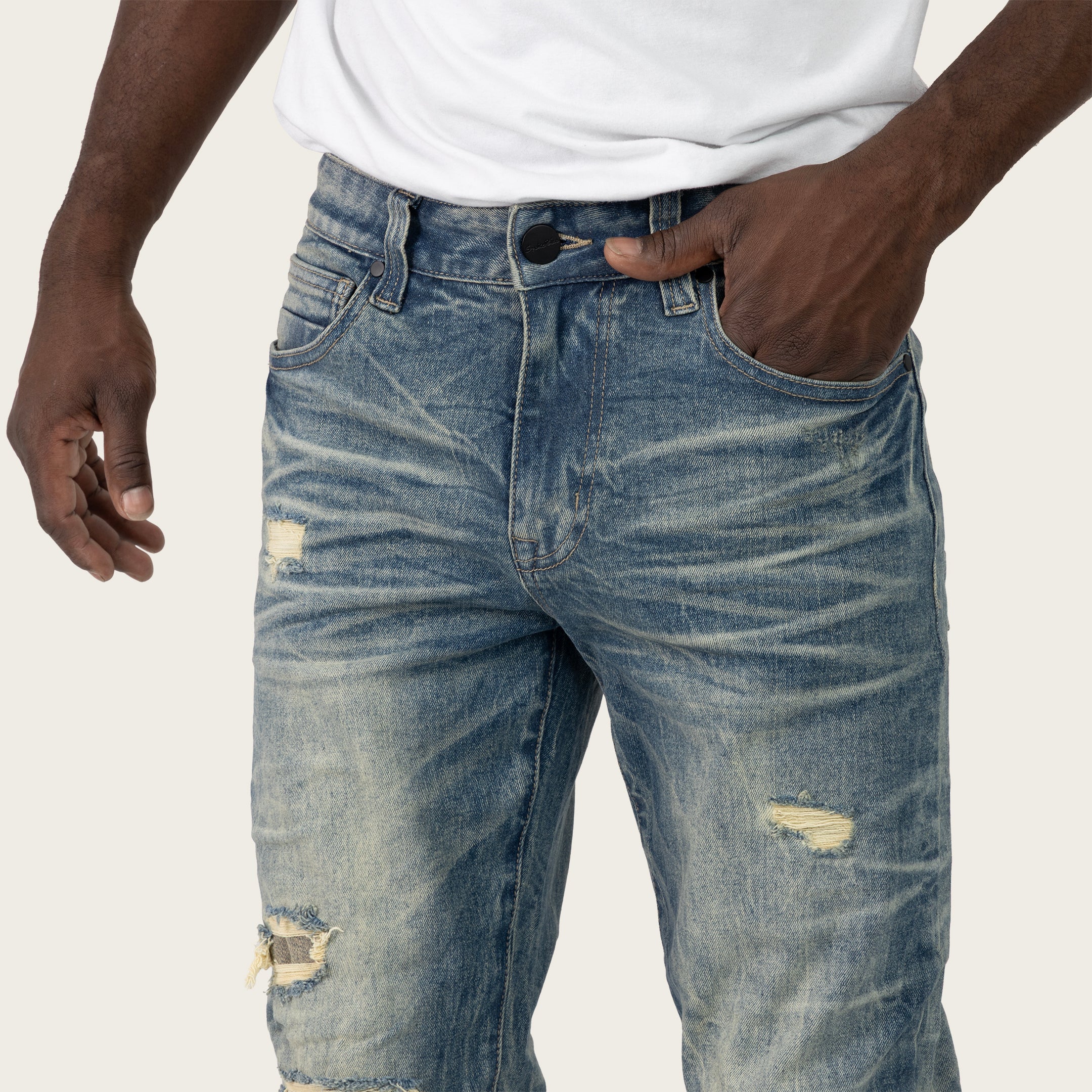 SMOKE RISE 刺繍　ペイズリー　ダメージ加工　スキニーデニム　インポート Men's Denim Jeans | Distressed, Black, Classic Wash | Smoke Rise
