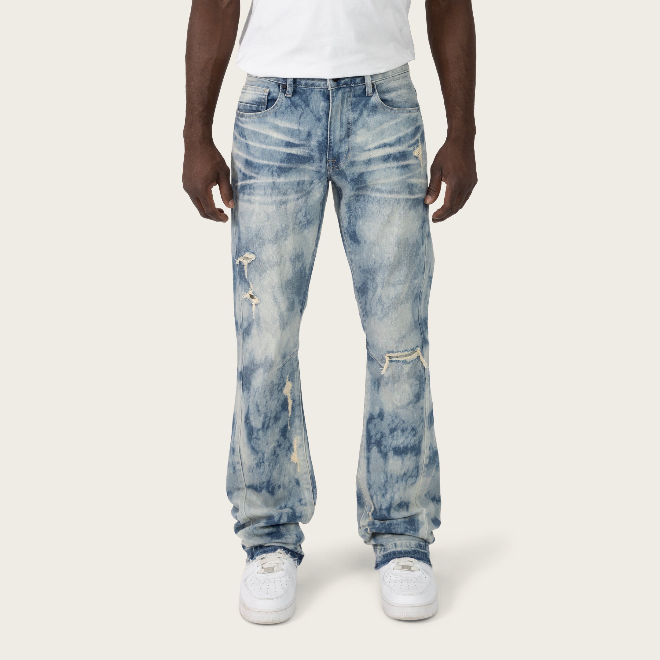Lazy Stacked Sunbleached Effect Washed Jeans - Kennet Blue