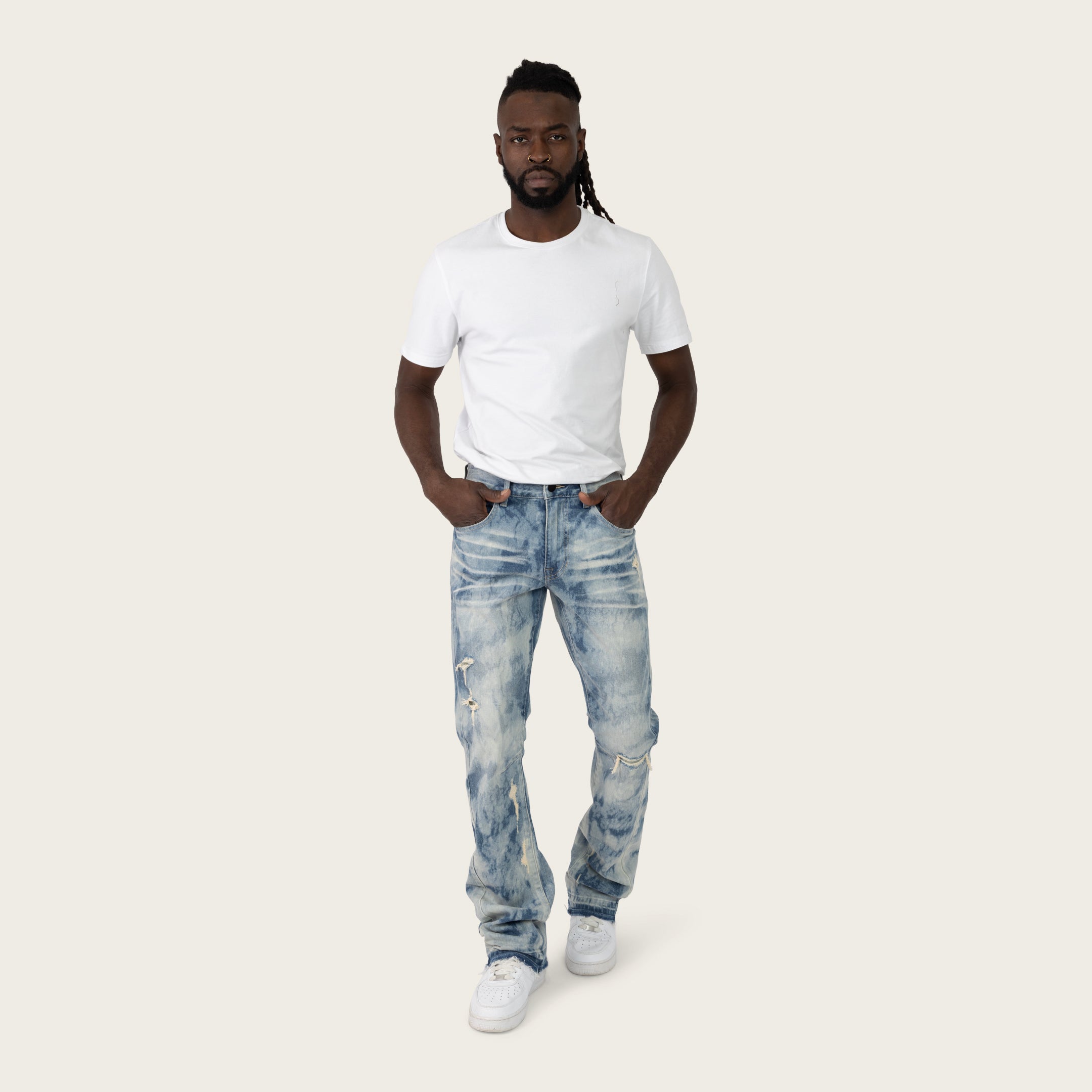 Lazy Stacked Sunbleached Effect Washed Jeans - Kennet Blue
