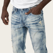 Lazy Stacked Sunbleached Effect Washed Jeans - Kennet Blue