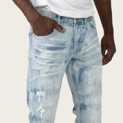 Lazy Stacked Sunbleached Effect Washed Jeans - Morse Blue