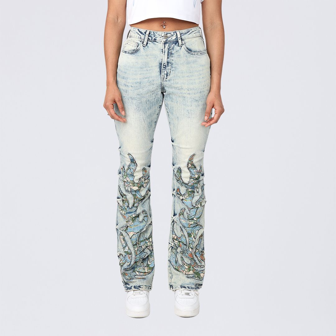 High Rise Bootcut Stacked Tapestry Jeans